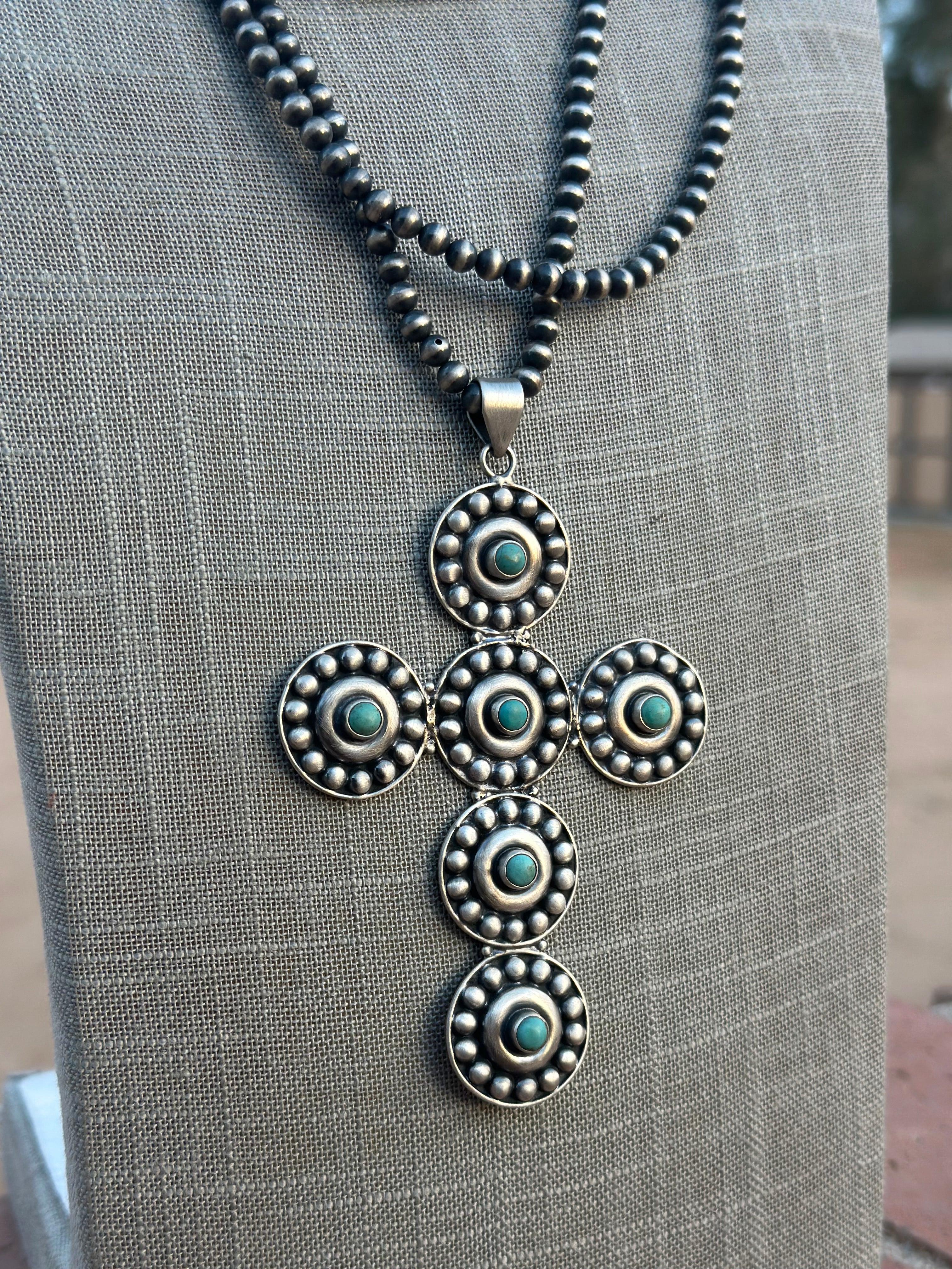 Handmade Natural Turquoise & Sterling Silver Ball Cross Pendants