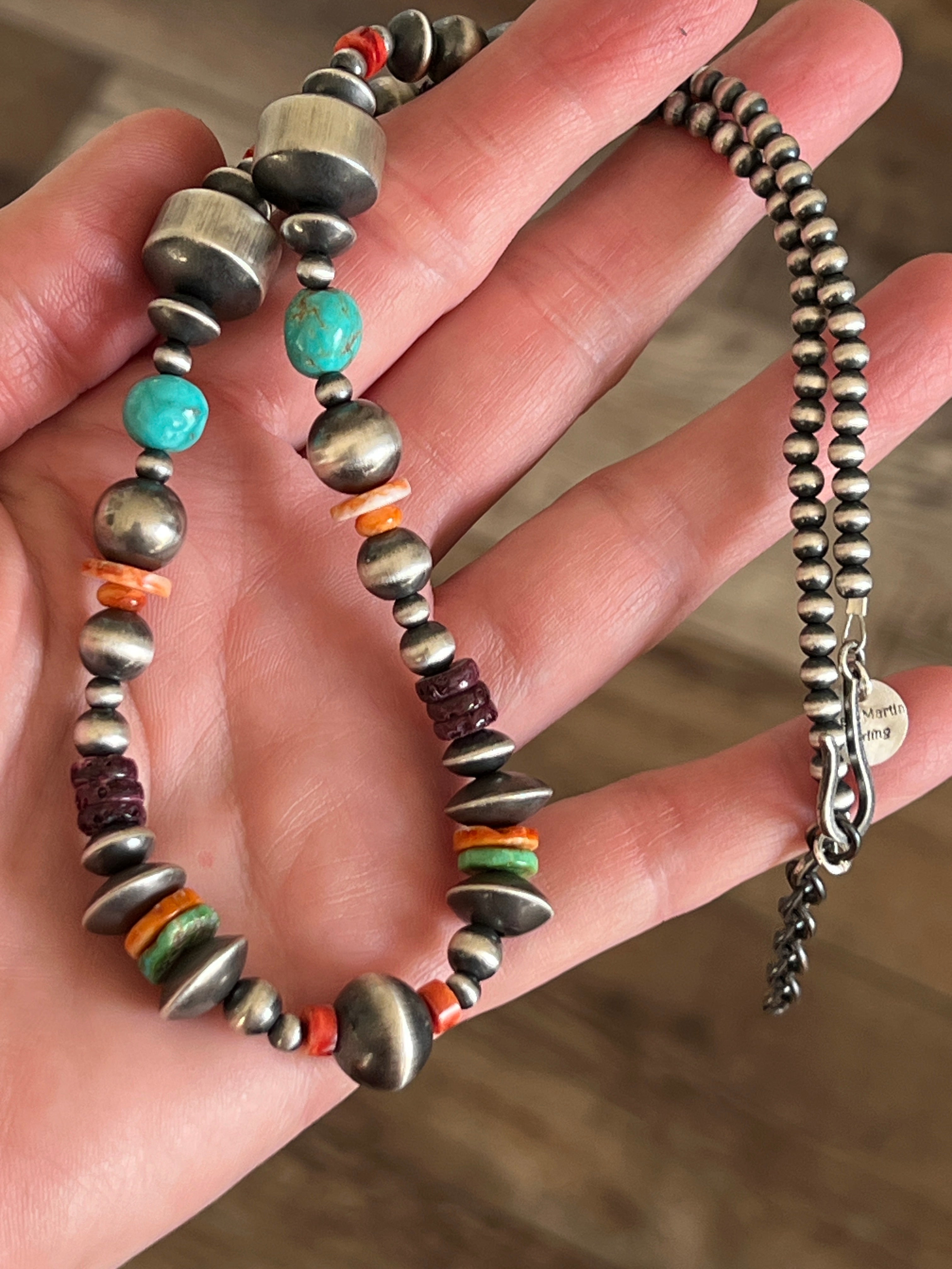 Handcrafted Made Electric Rainbow Sterling Silver, Turquoise and Spiny Oyster Single Strand Beaded Necklace by Rose Martin, 20 + 2 Inches