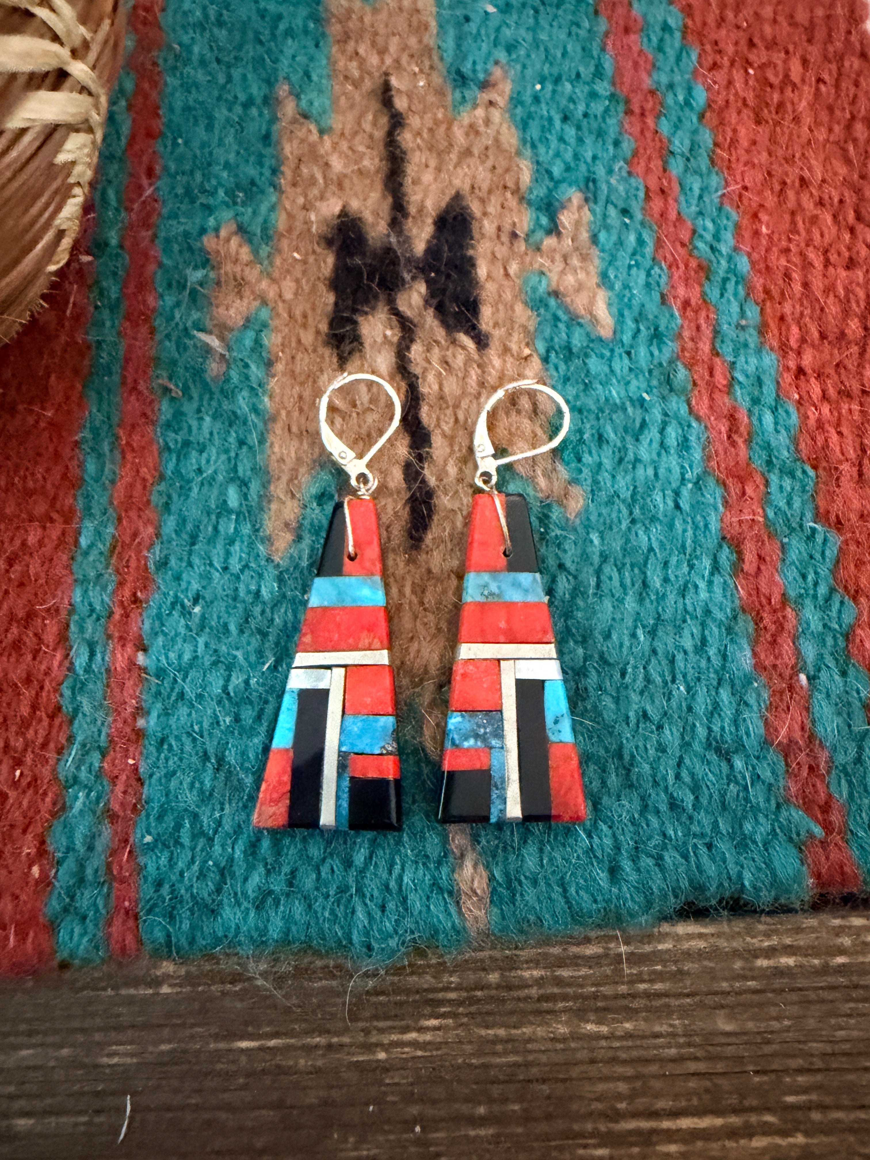 Old Pawn Handcrafted Multi Stone Inlay Dangle Earrings