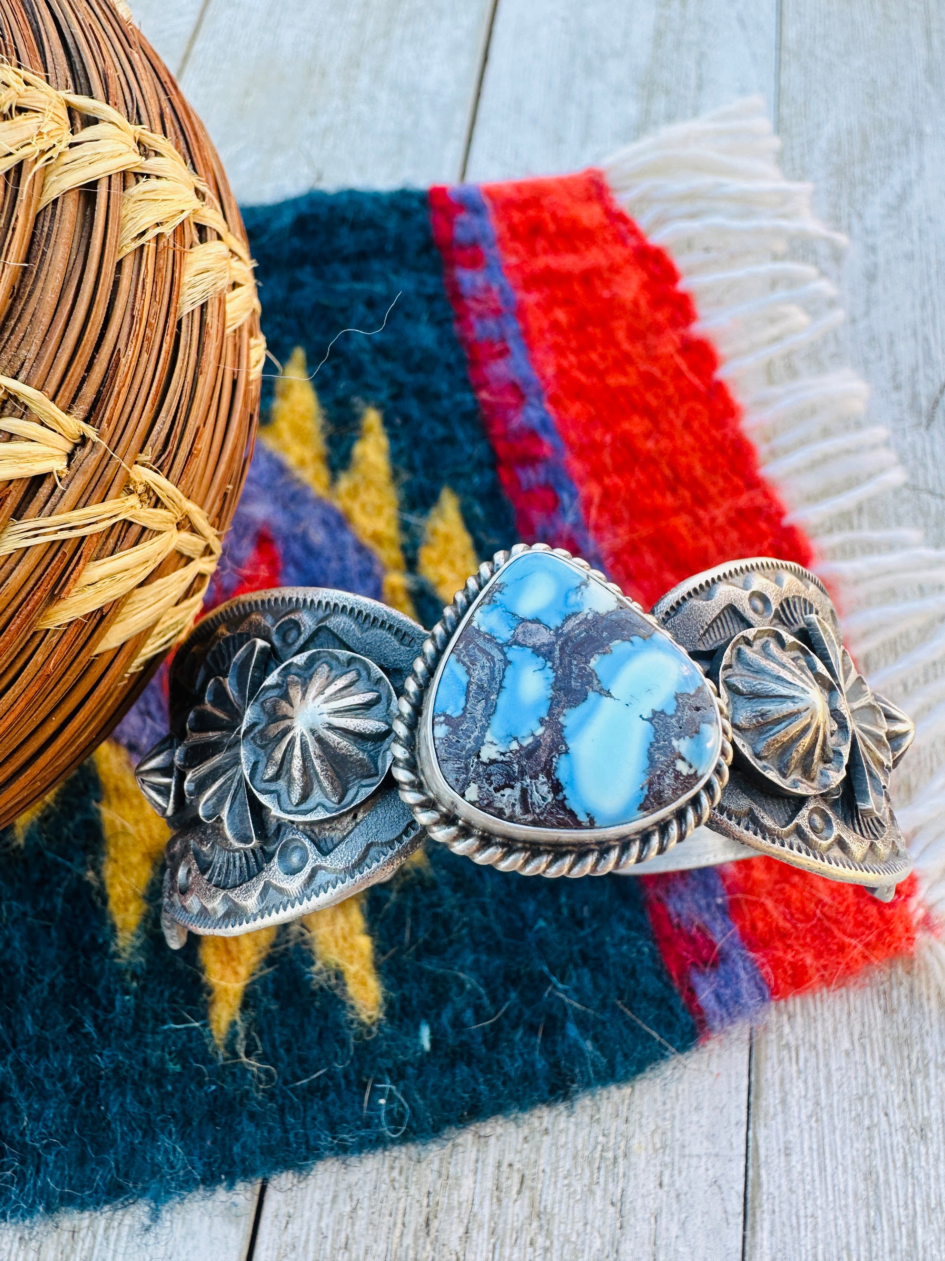 Handcrafted Golden Hills Turquoise & Sterling Silver Cuff Bracelet by Kevin Billah