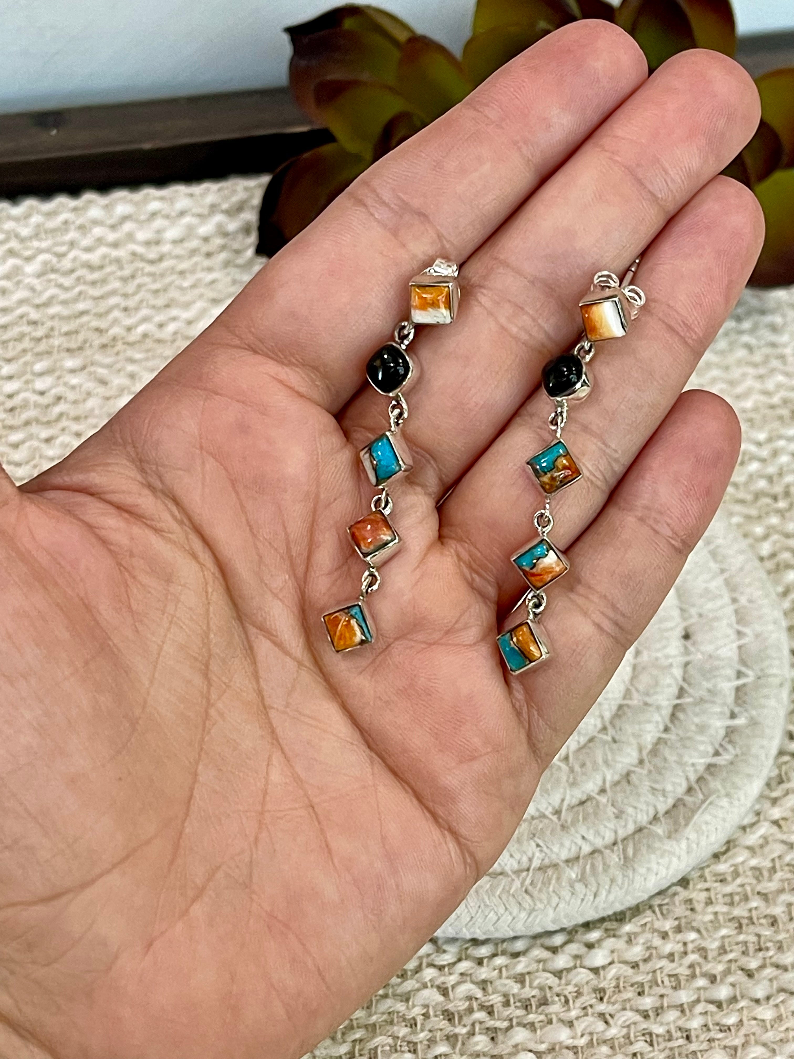 Handmade Onyx, Spice and Sterling Silver Post Dangle Earrings Signed Nizhoni