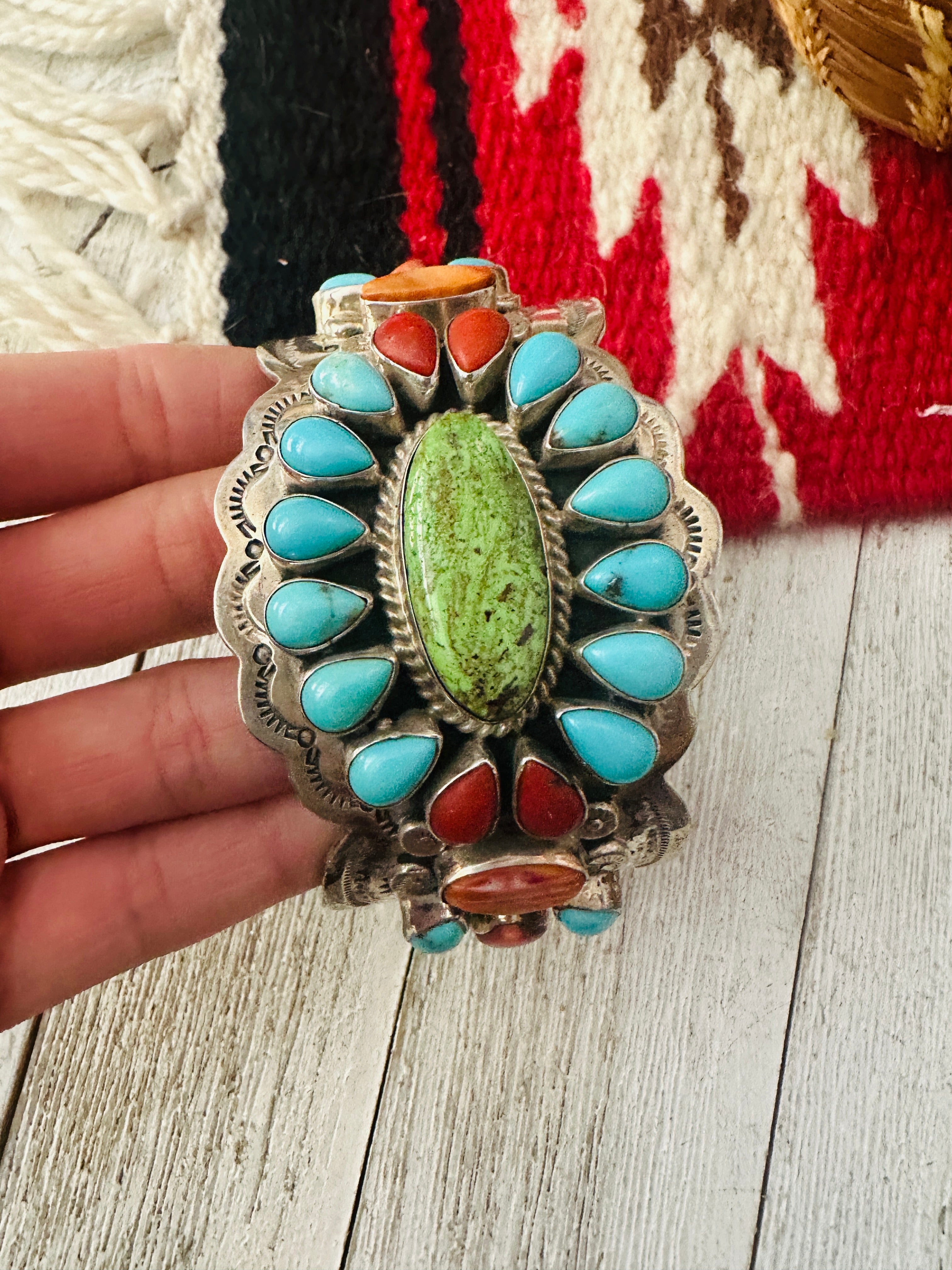 Bobby Johnson Turquoise, Spiny Sterling Silver Cuff Bracelet /