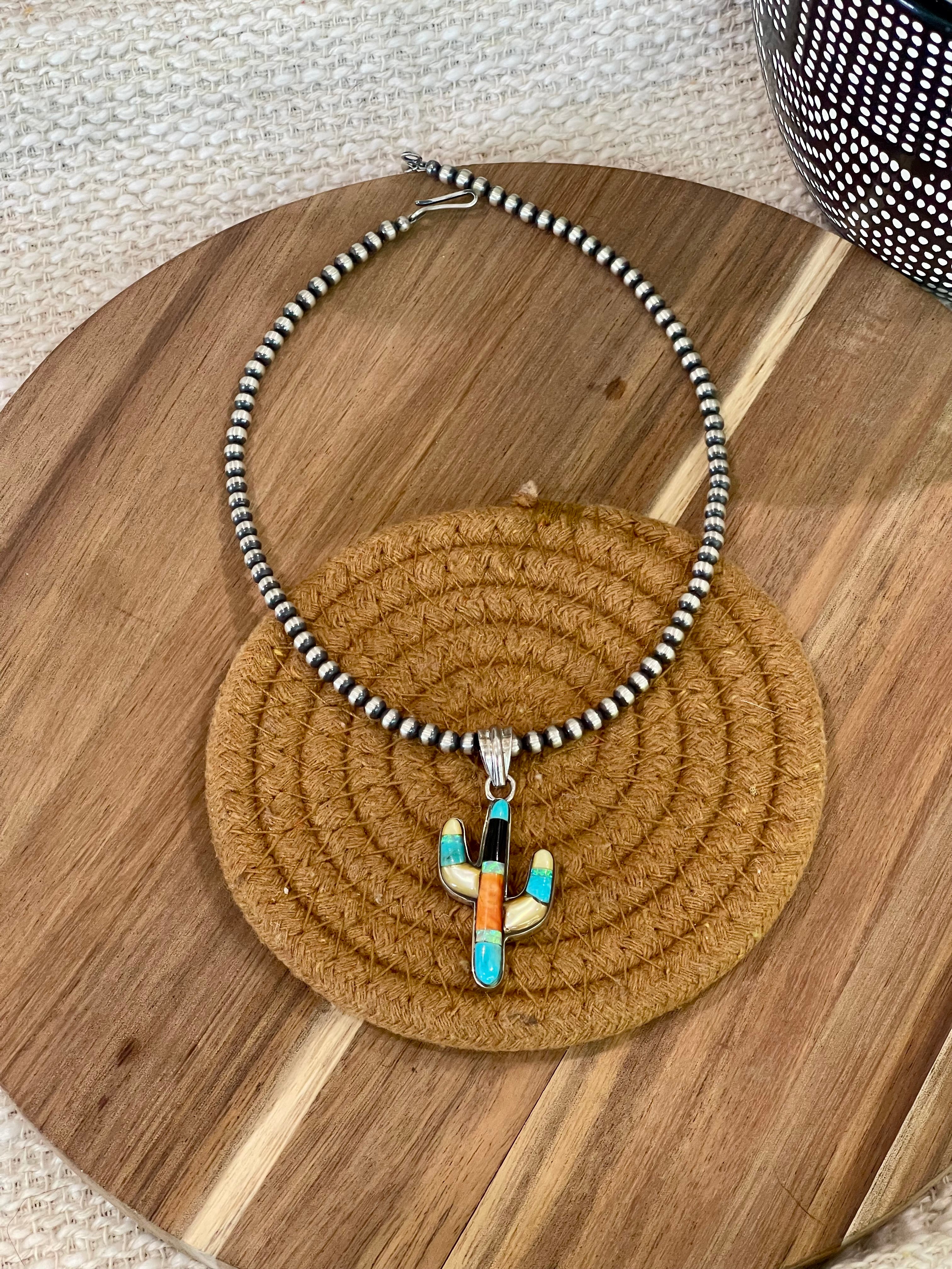 Handmade Sterling Silver & Multi Stone Cactus Pendant