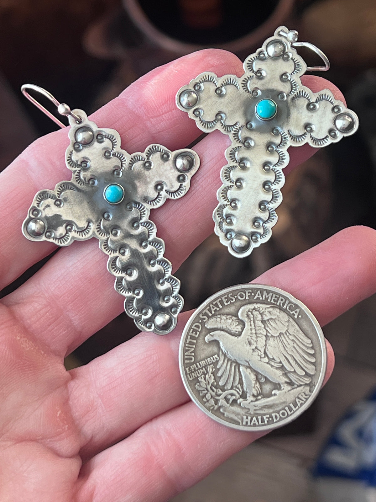 Hand Stamped Scalloped Sterling Silver Cross Dangle Earrings with Kingman Turquoise by Kimari Somers