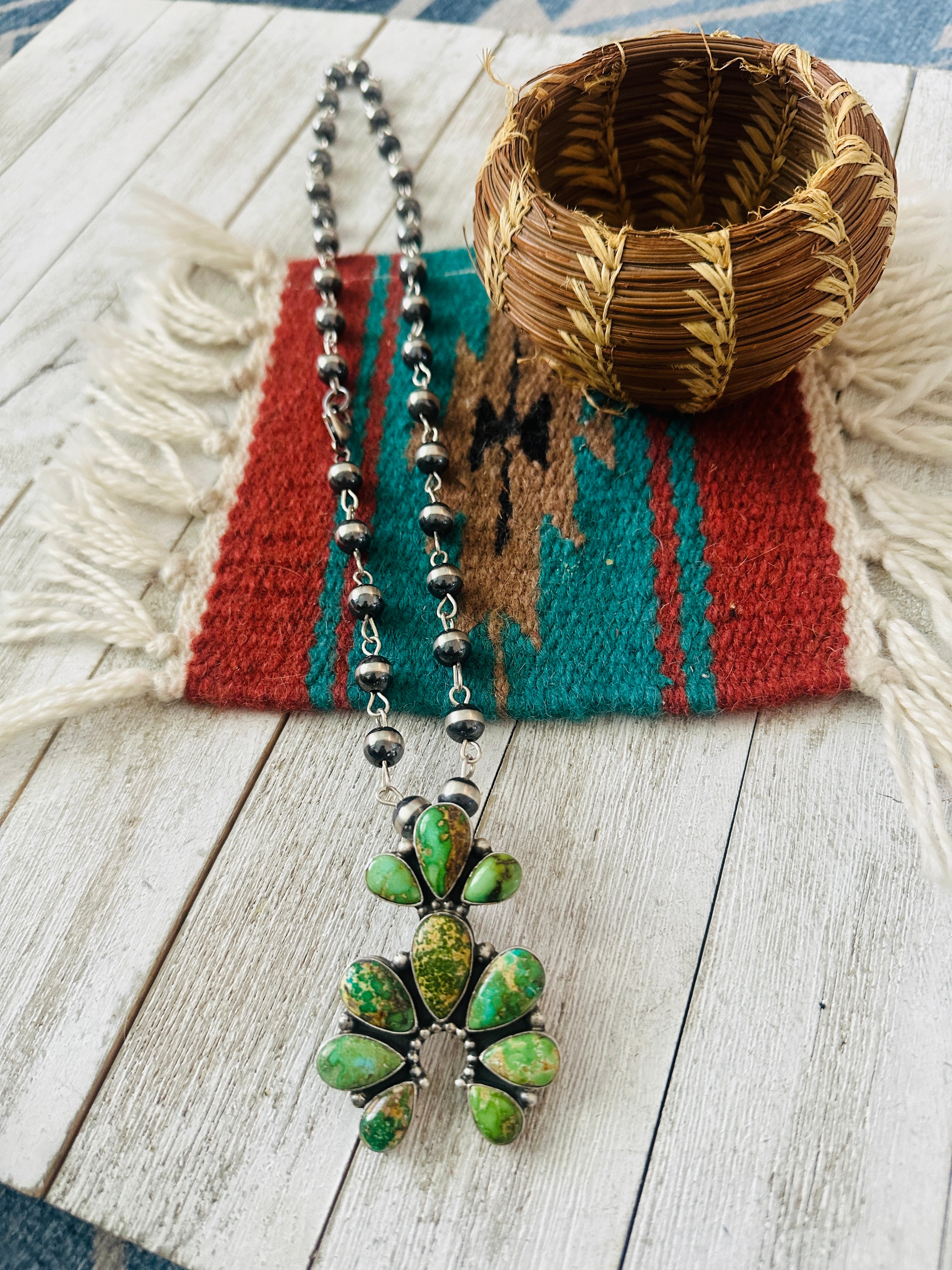 Handcrafted Sterling Silver & Sonoran Gold Turquoise Beaded Naja Necklace Signed