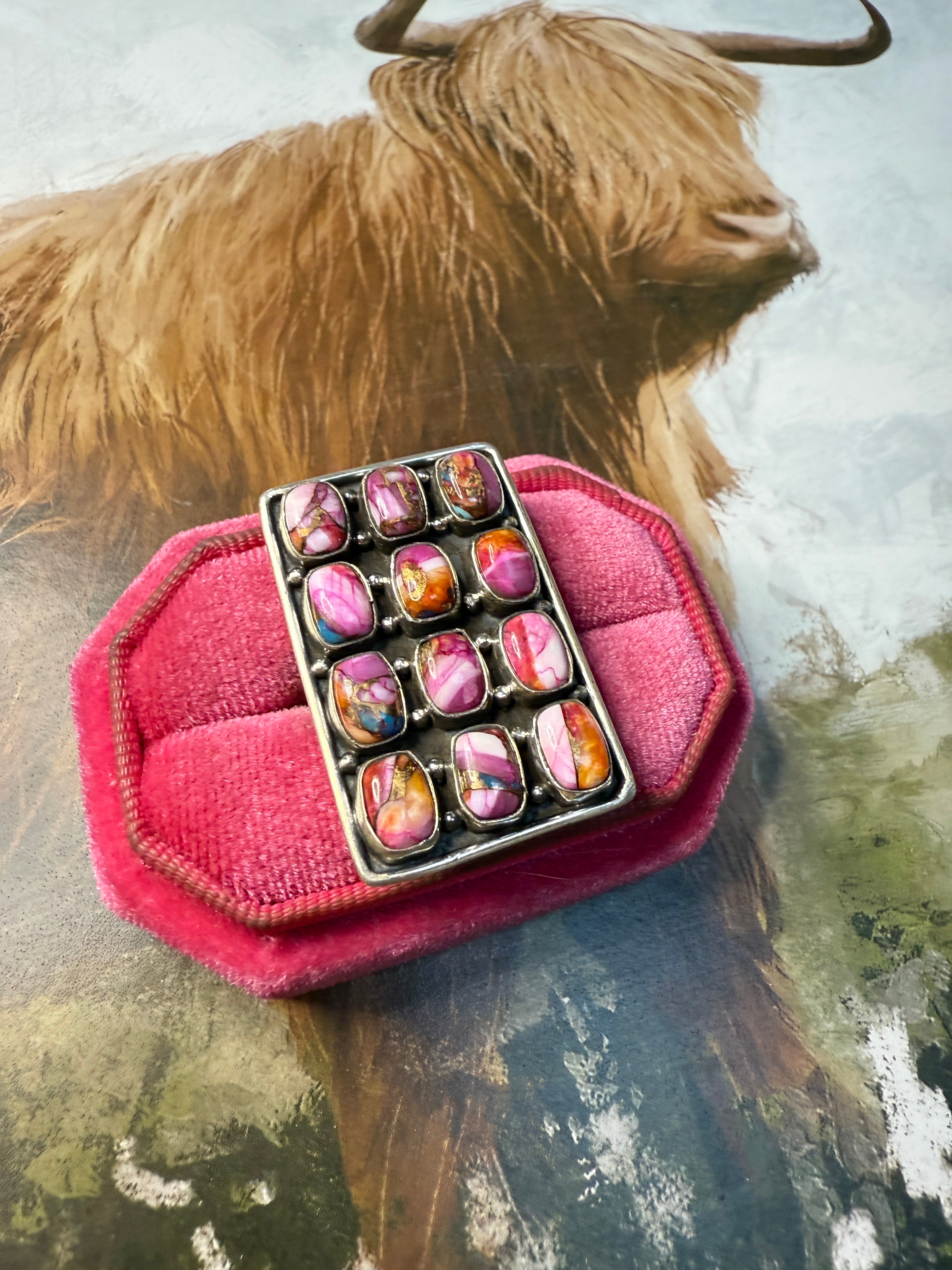 Handmade Pink Dream Mojave And Sterling Silver Adjustable 12 Stone Ring