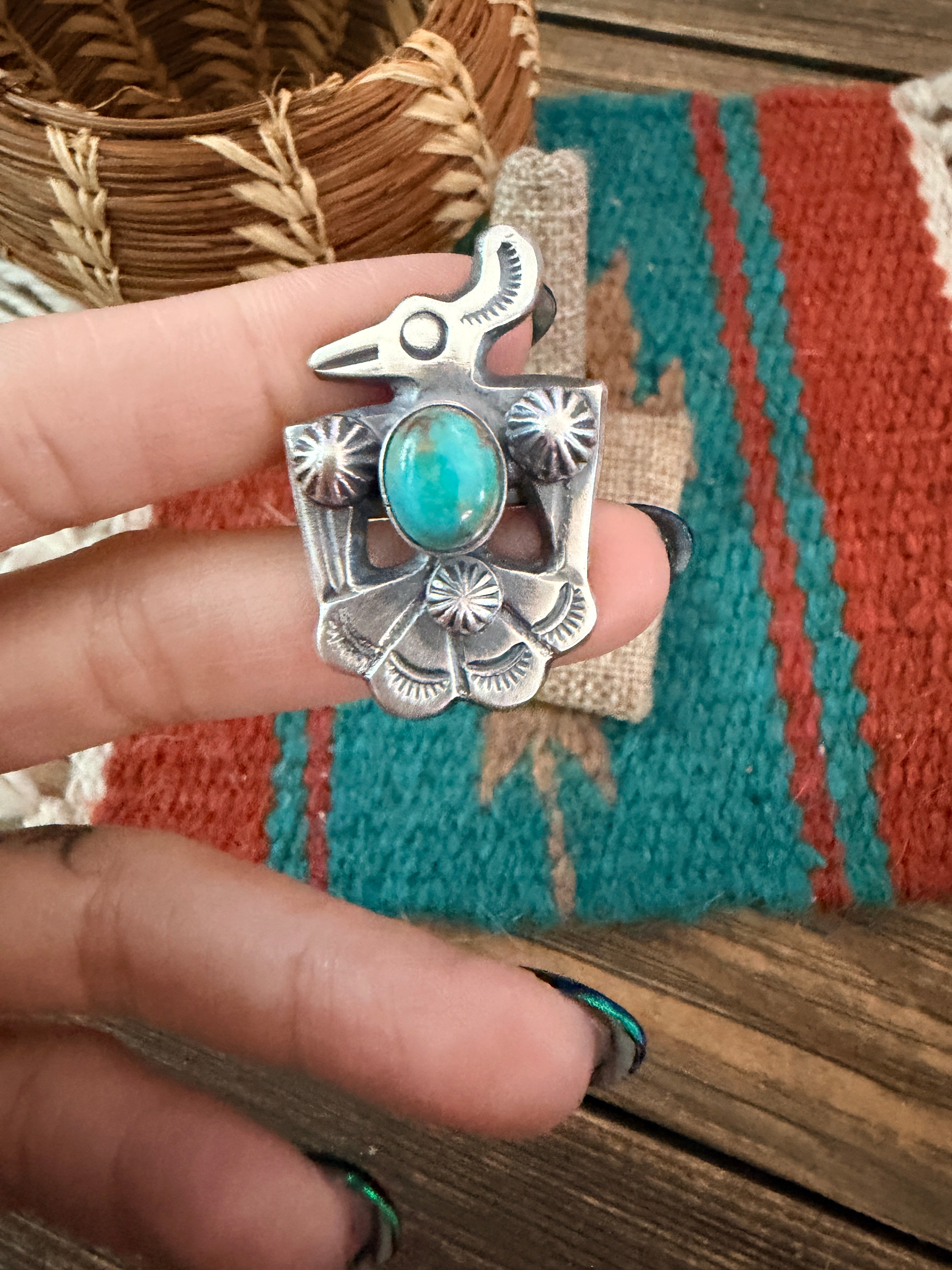 Handcrafted Turquoise and Sterling Silver Thunderbird Ring size 8.5 by Chimney Butte