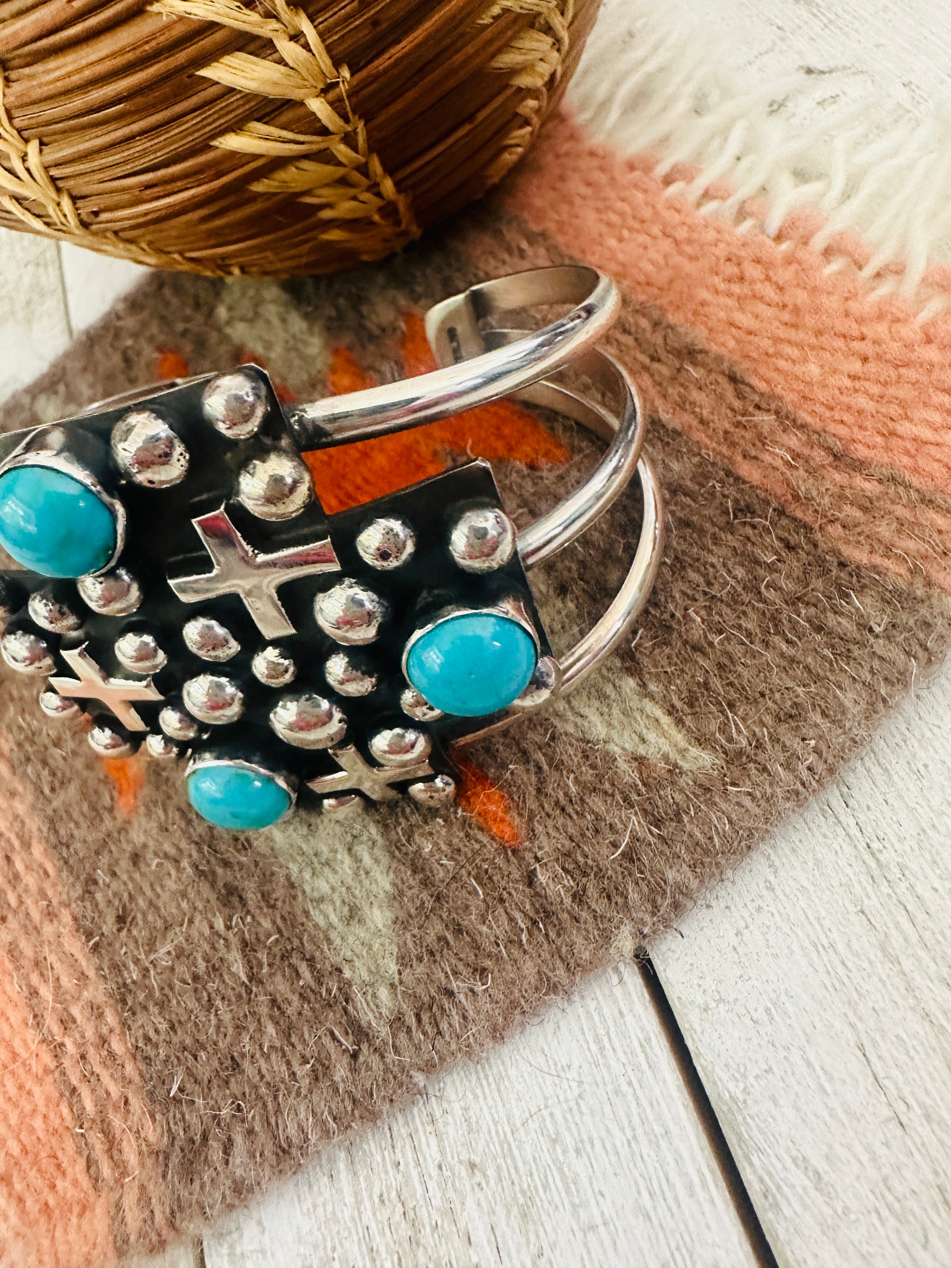Navajo Turquoise & Sterling Silver Cross Cuff Bracelet By Chimney Butte /