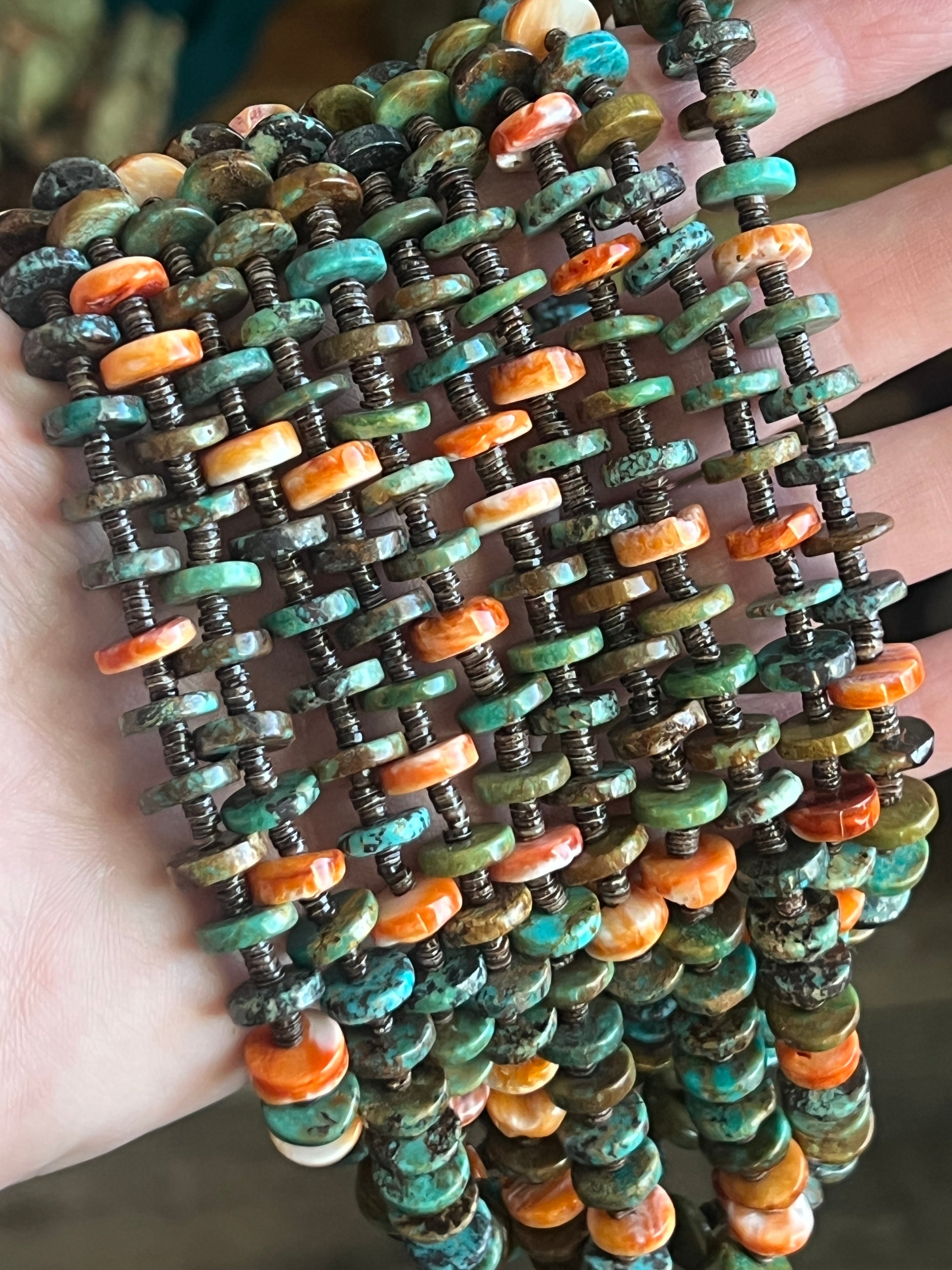 Gorgeous Handcrafted Five Strand Spiny Oyster, Turquoise and Heishi Squaw Wrap Beaded Necklace