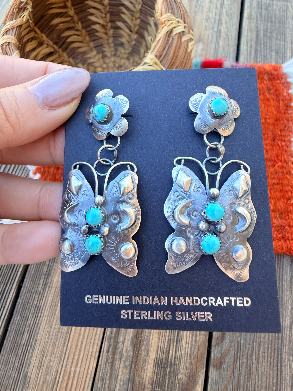 Handcrafted Sterling Silver & Turquoise Butterfly Dangle Earrings by Tim Yazzie
