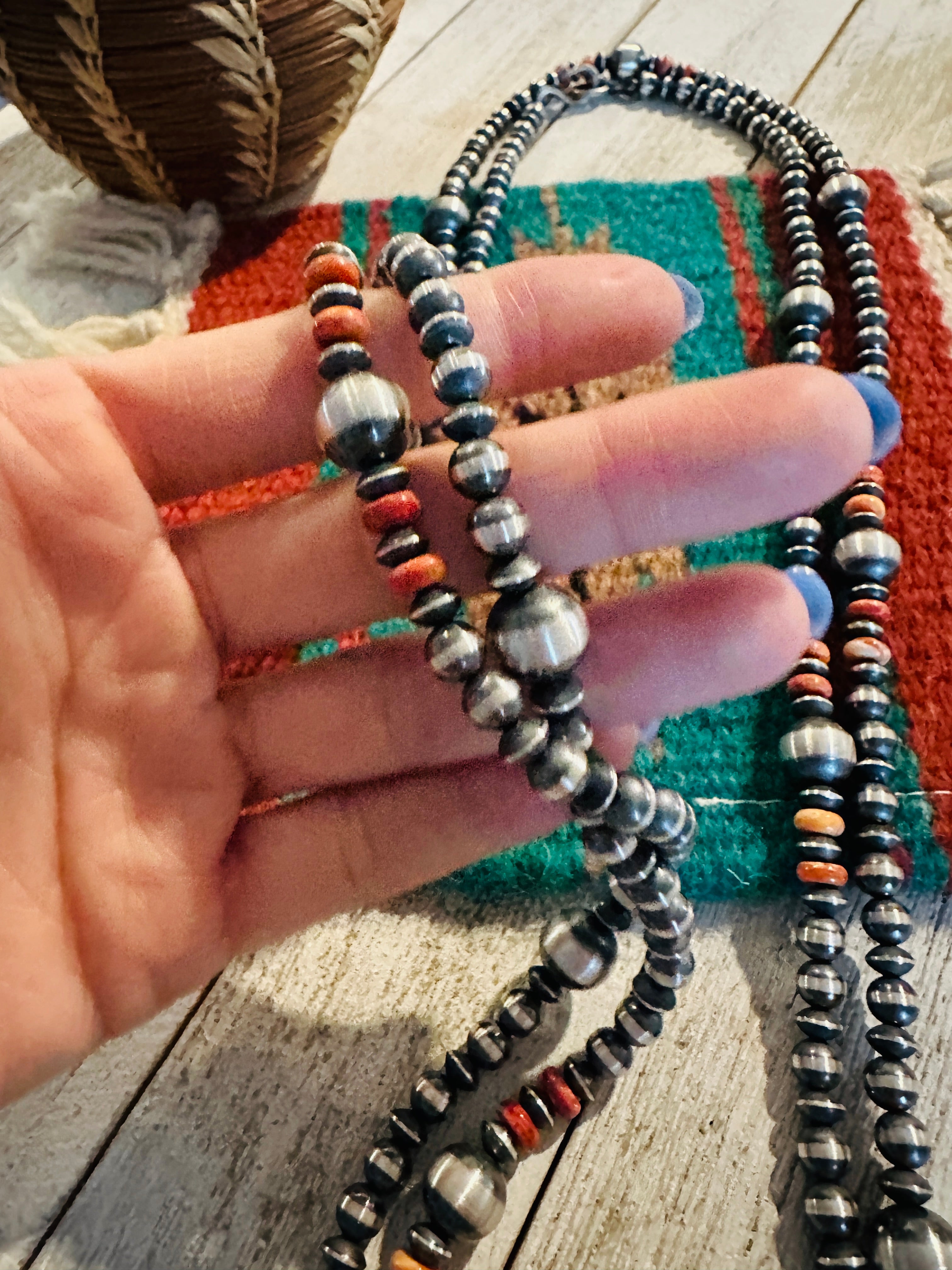 Handcrafted Orange Spiny & Sterling Silver Beaded Necklace 60”