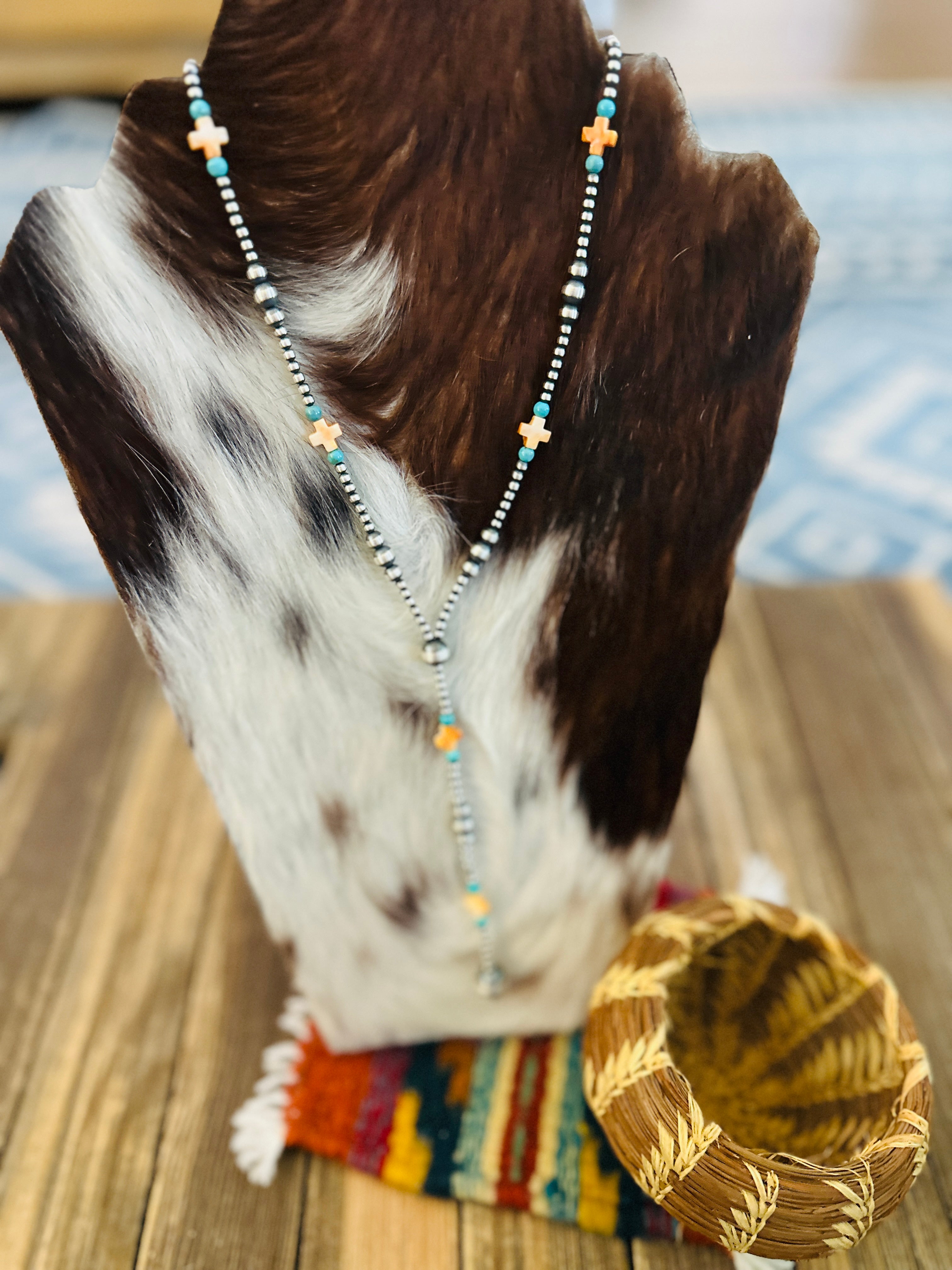 Handcrafted Turquoise, Spiny Oyster & Sterling Silver Pearl 20” Beaded Lariat Necklace