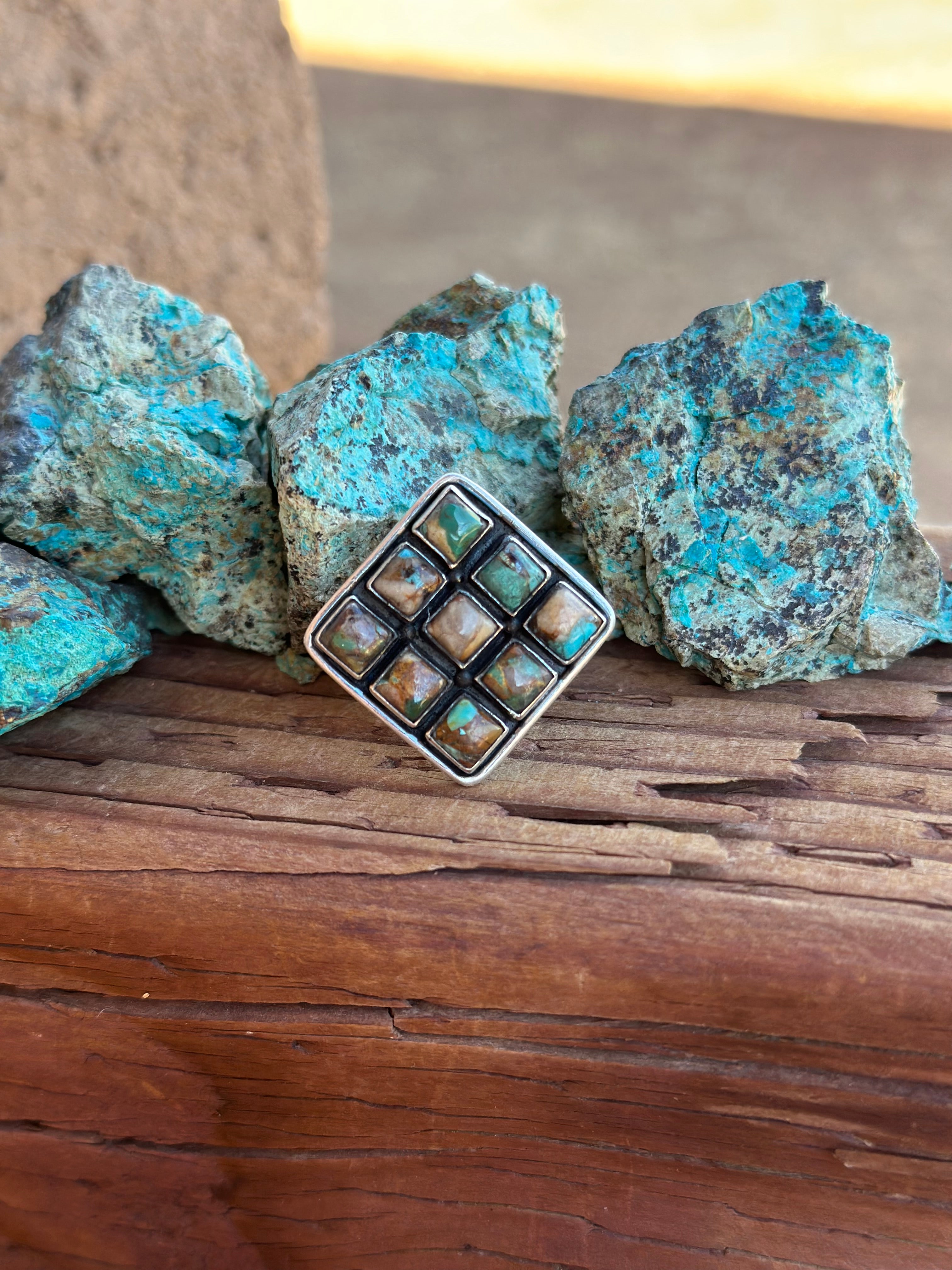 Beautiful Handmade Sterling Silver And Royston Turquoise Square Adjustable Ring