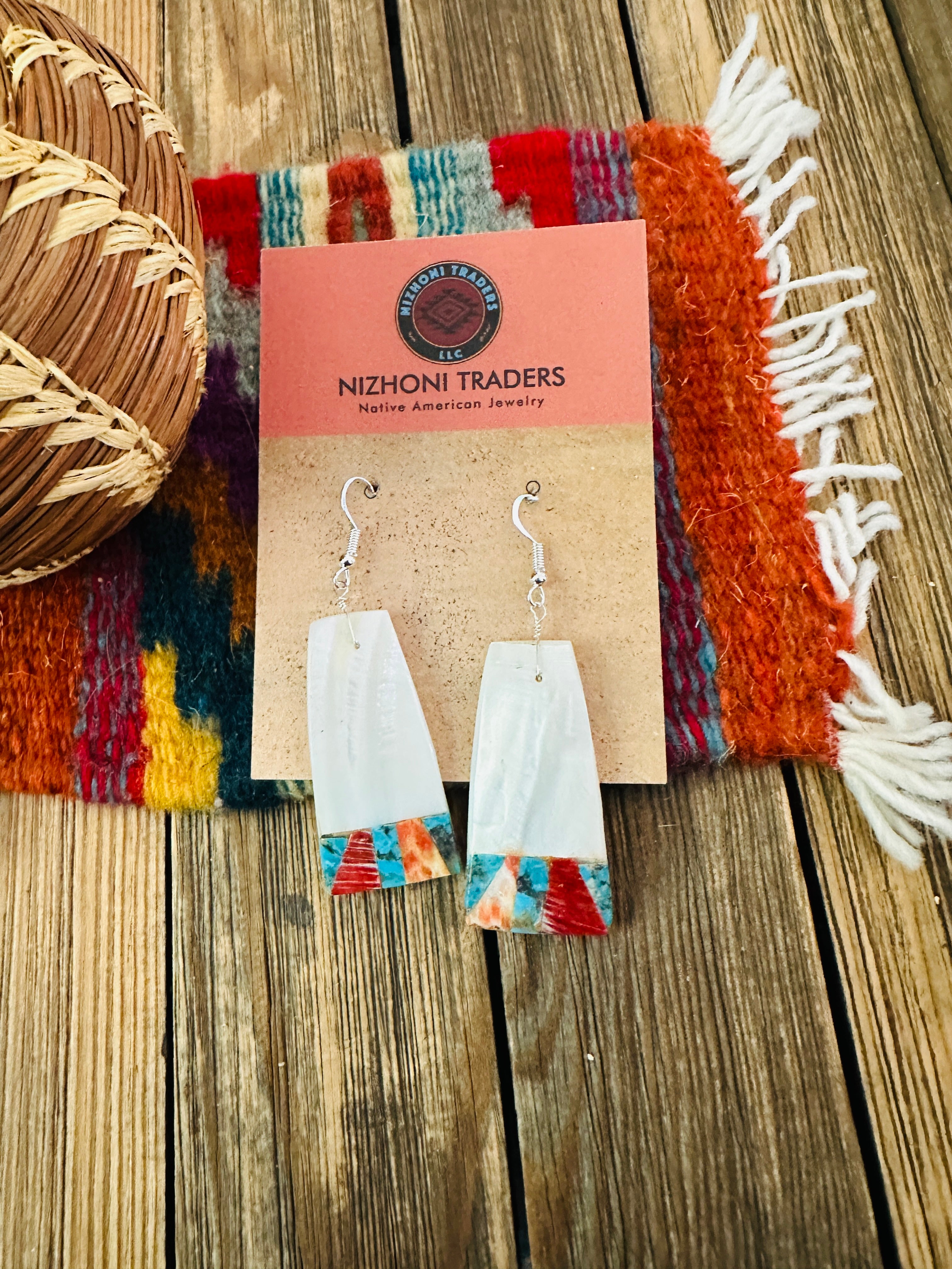 Handcrafted Mother of Pearl, Spiny Oyster, Turquoise Slab Dangle Earrings