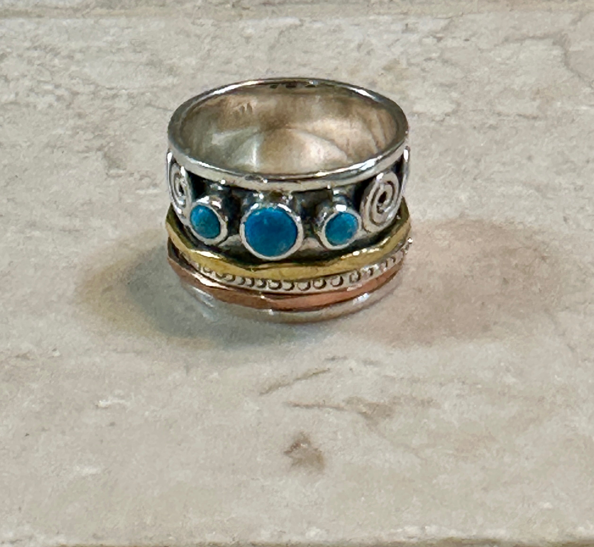 Three Stone Copper Turquoise, Copper, Sterling Silver, Gold, Spinner Ring Size 7