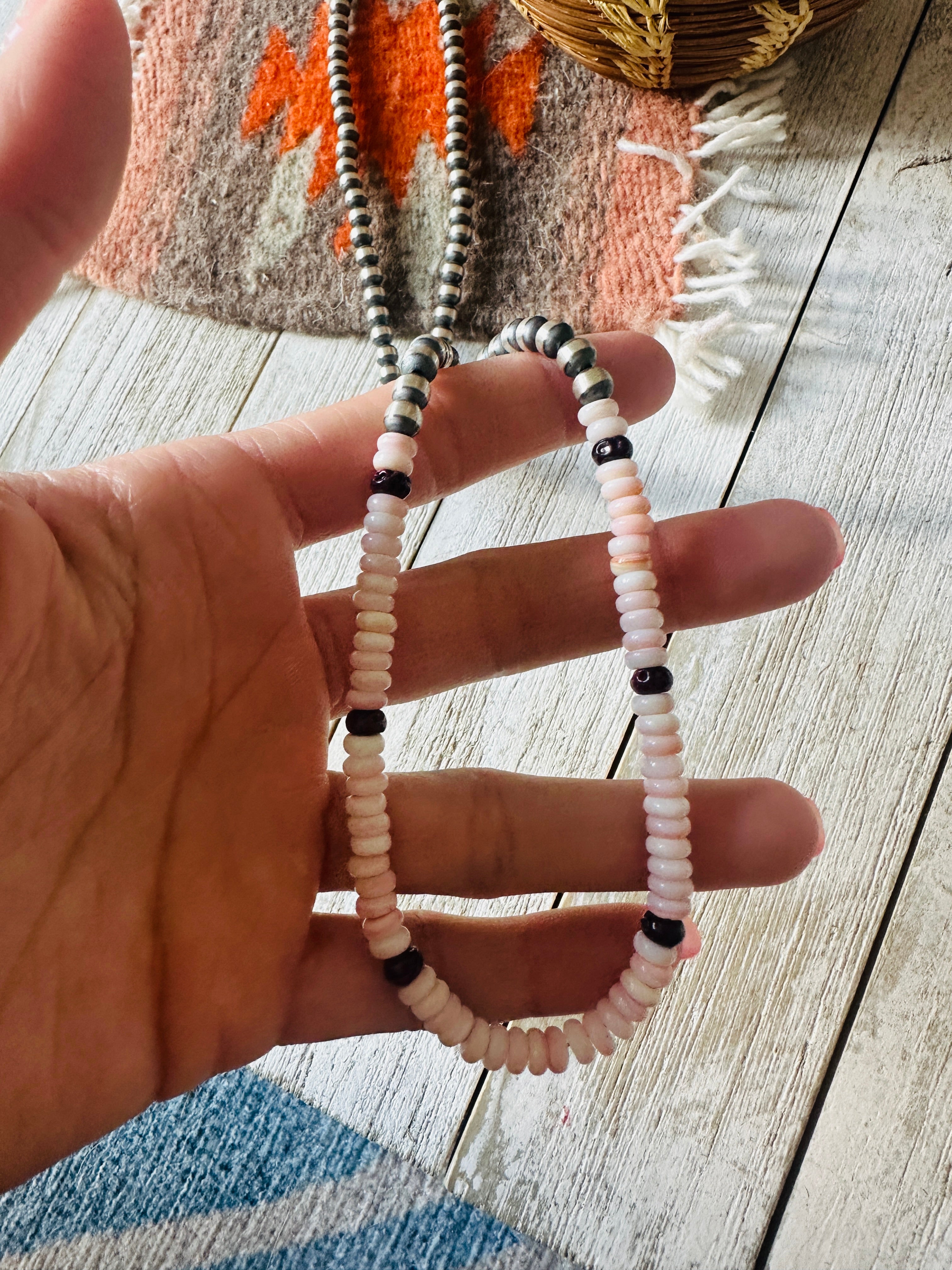 Handcrafted Sterling Silver Pearl, Queen Pink Conch & Spiny Beaded 24” Necklace
