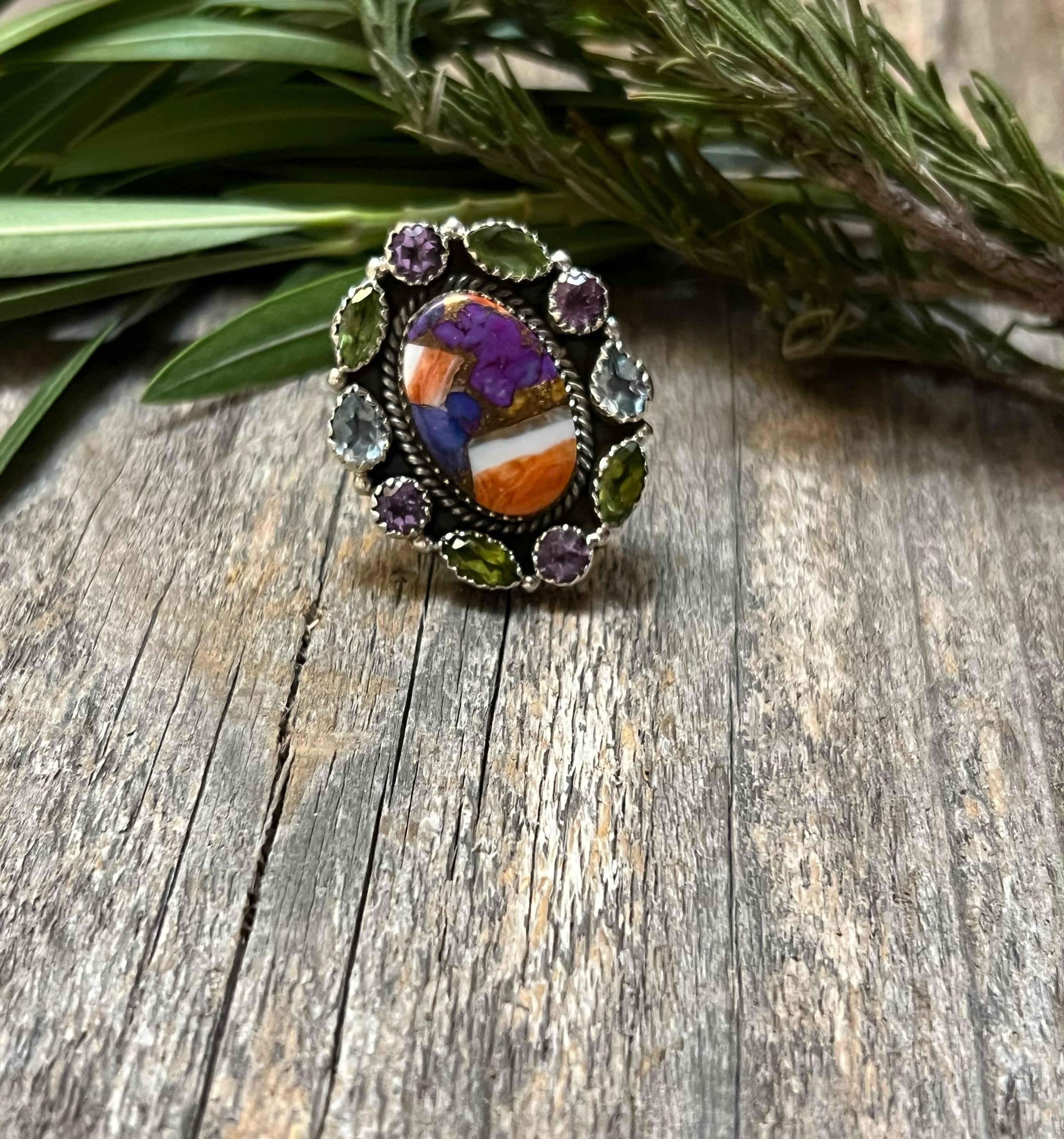 Handmade MultiStone Peridot & Amethyst Sterling Silver Adjustable Ring