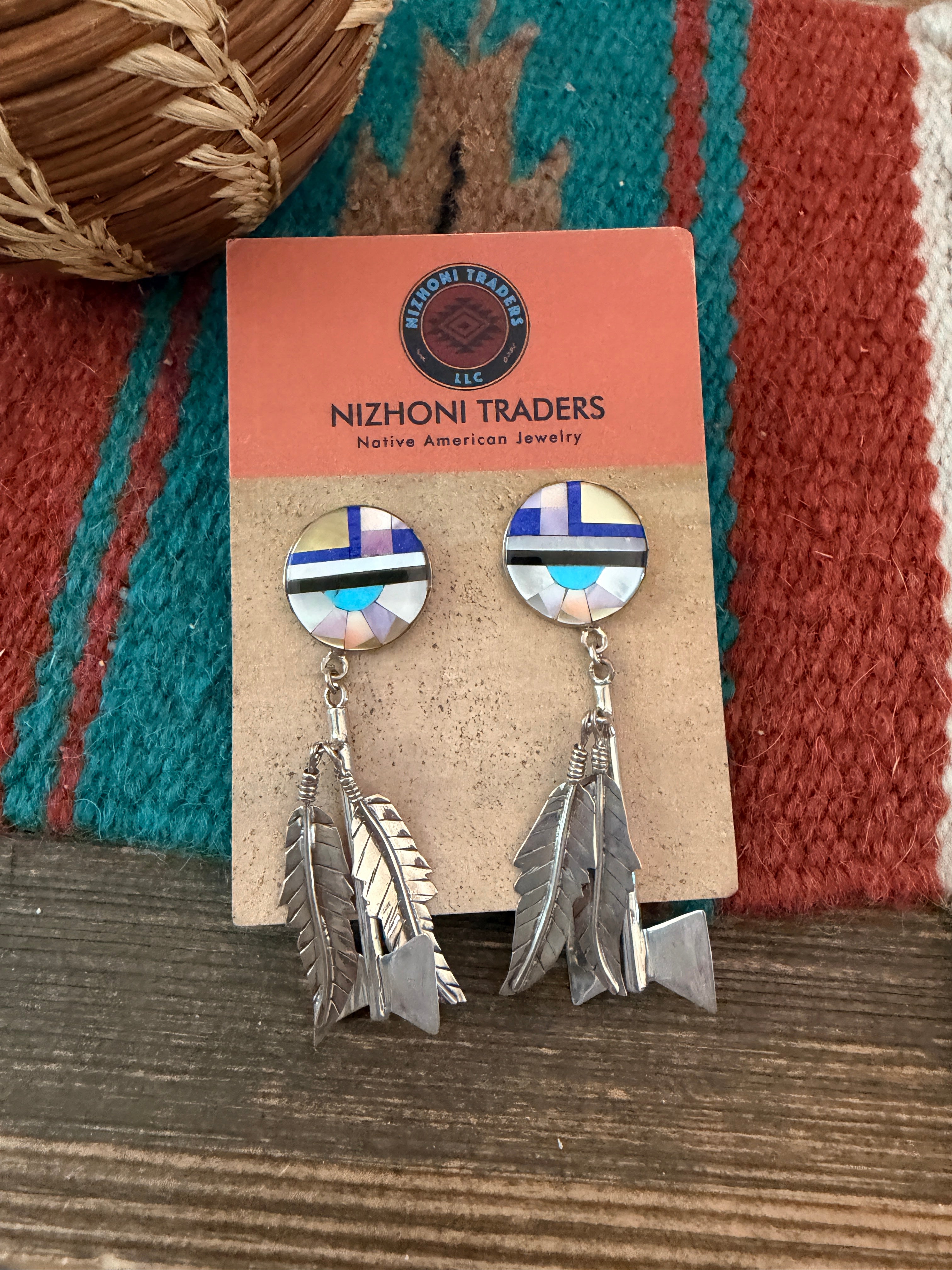 Old Pawn Handcrafted Sterling Silver & Multi Stone Inlay Feather Dangle Earrings