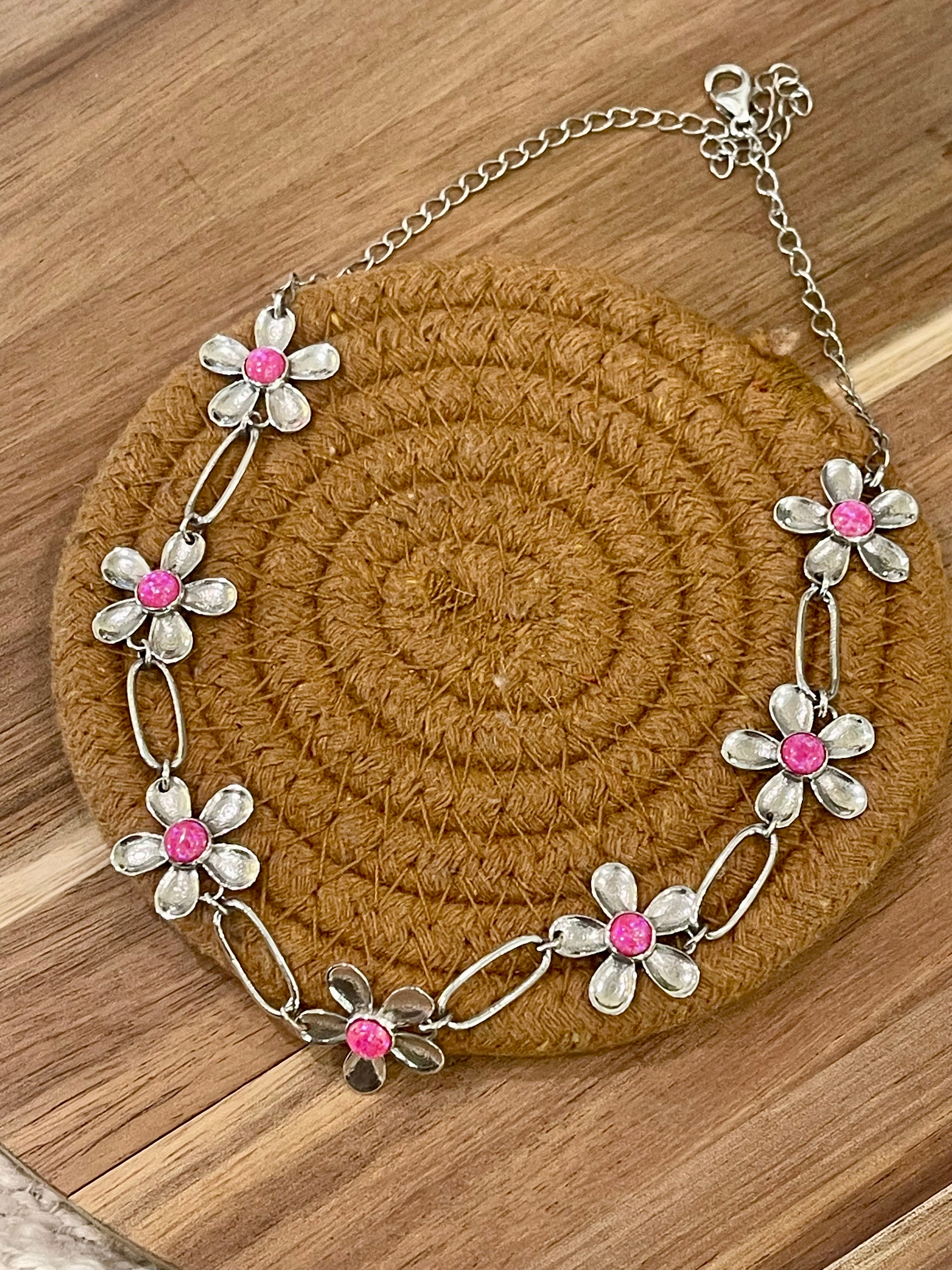 DAISY Handcrafted Sterling Silver & Pink Fire Opal Flower Necklace
