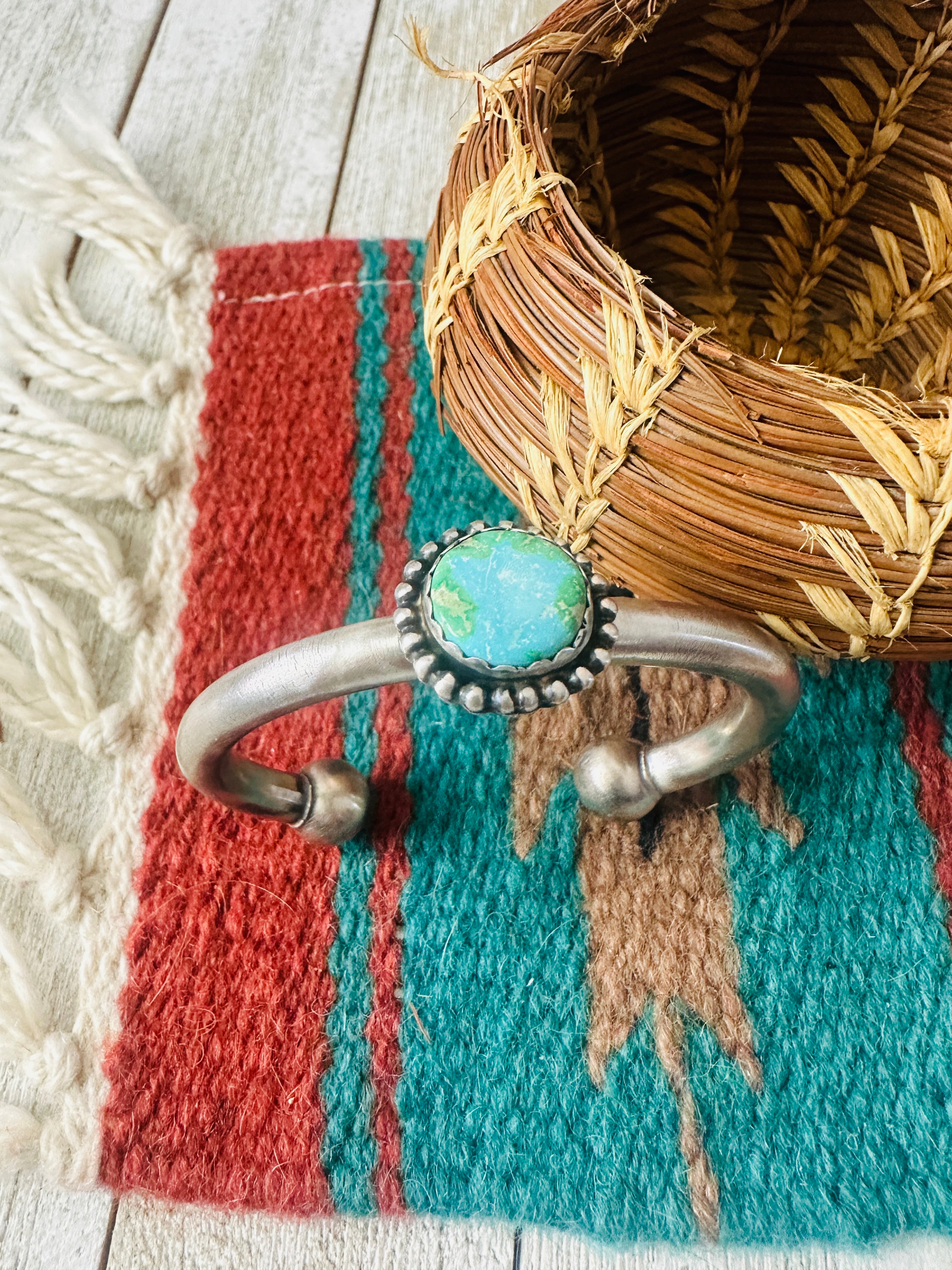 Handcrafted Sonoran Mountain Turquoise & Sterling Silver Cuff Bracelet by Russell Sam