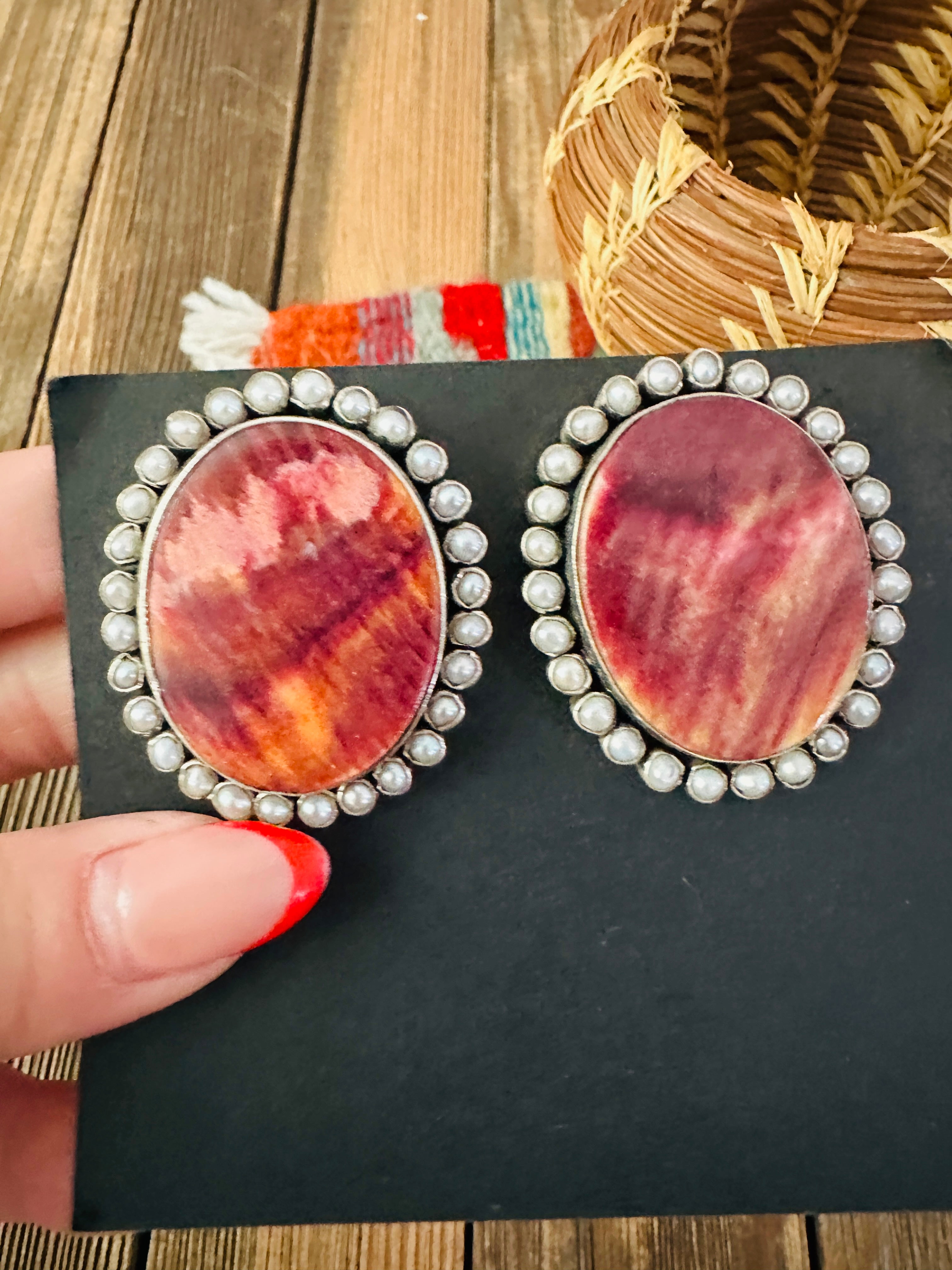 Handcrafted Spiny Oyster, Mother of Pearl & Sterling Silver Clip On Earrings by Federico Jimenez