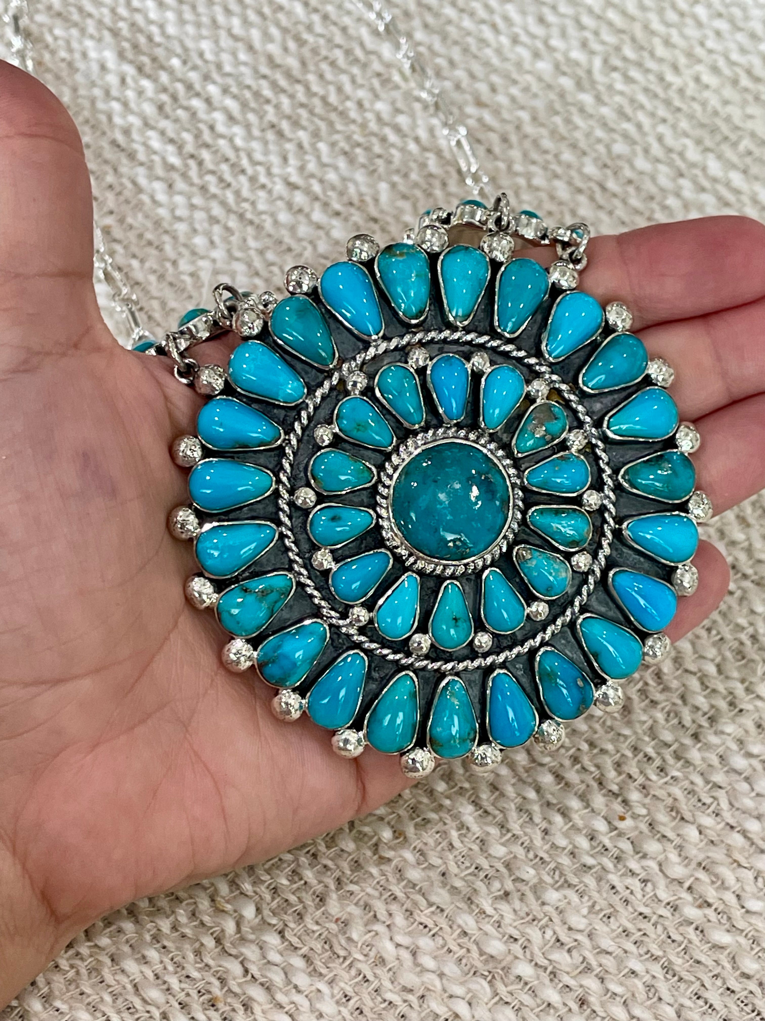 Gorgeous Handmade Turquoise & Sterling Silver Cluster Necklace