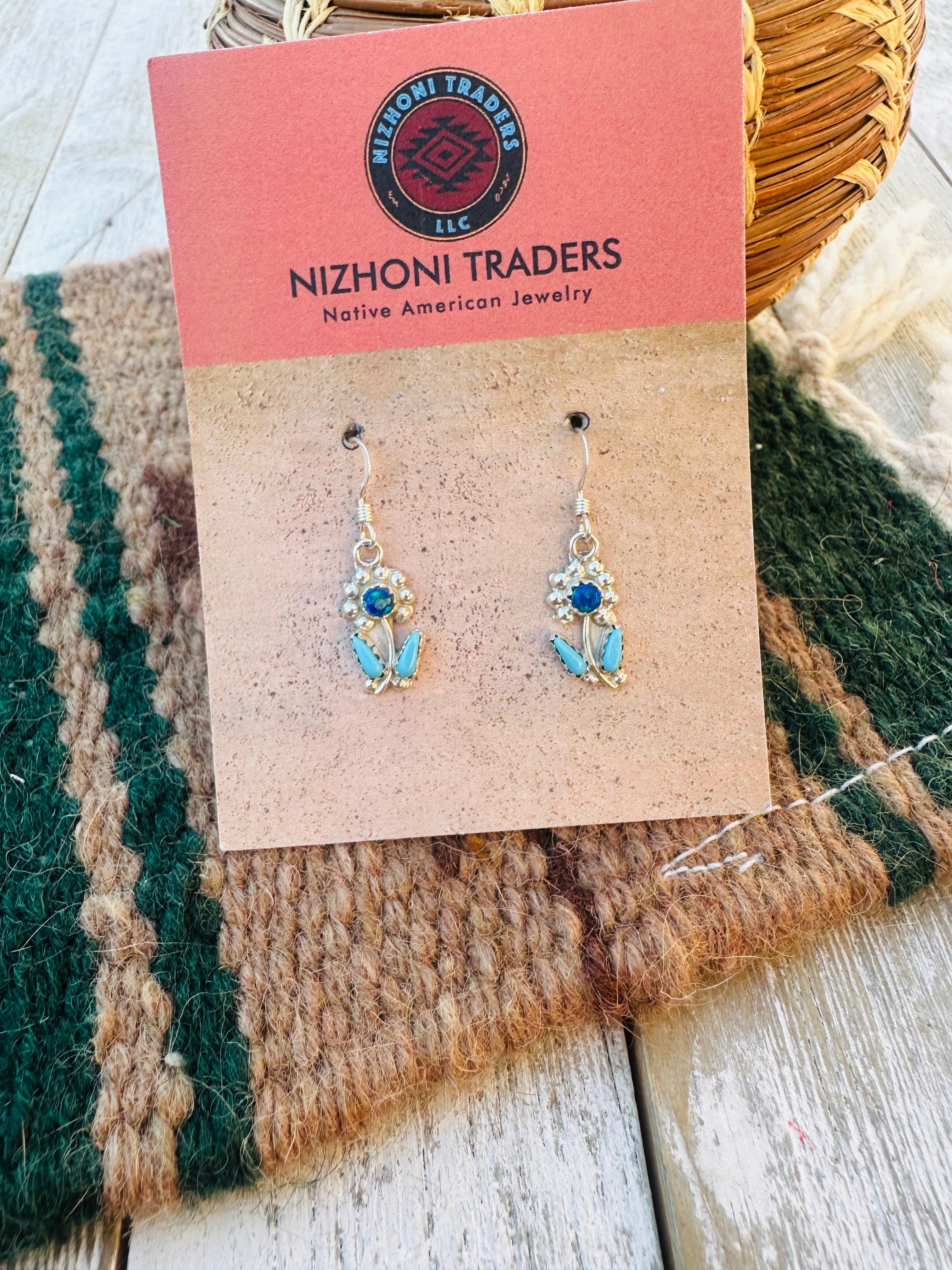 Handcrafted Turquoise, Dark Blue Opal & Sterling Silver Flower Dangle Earrings