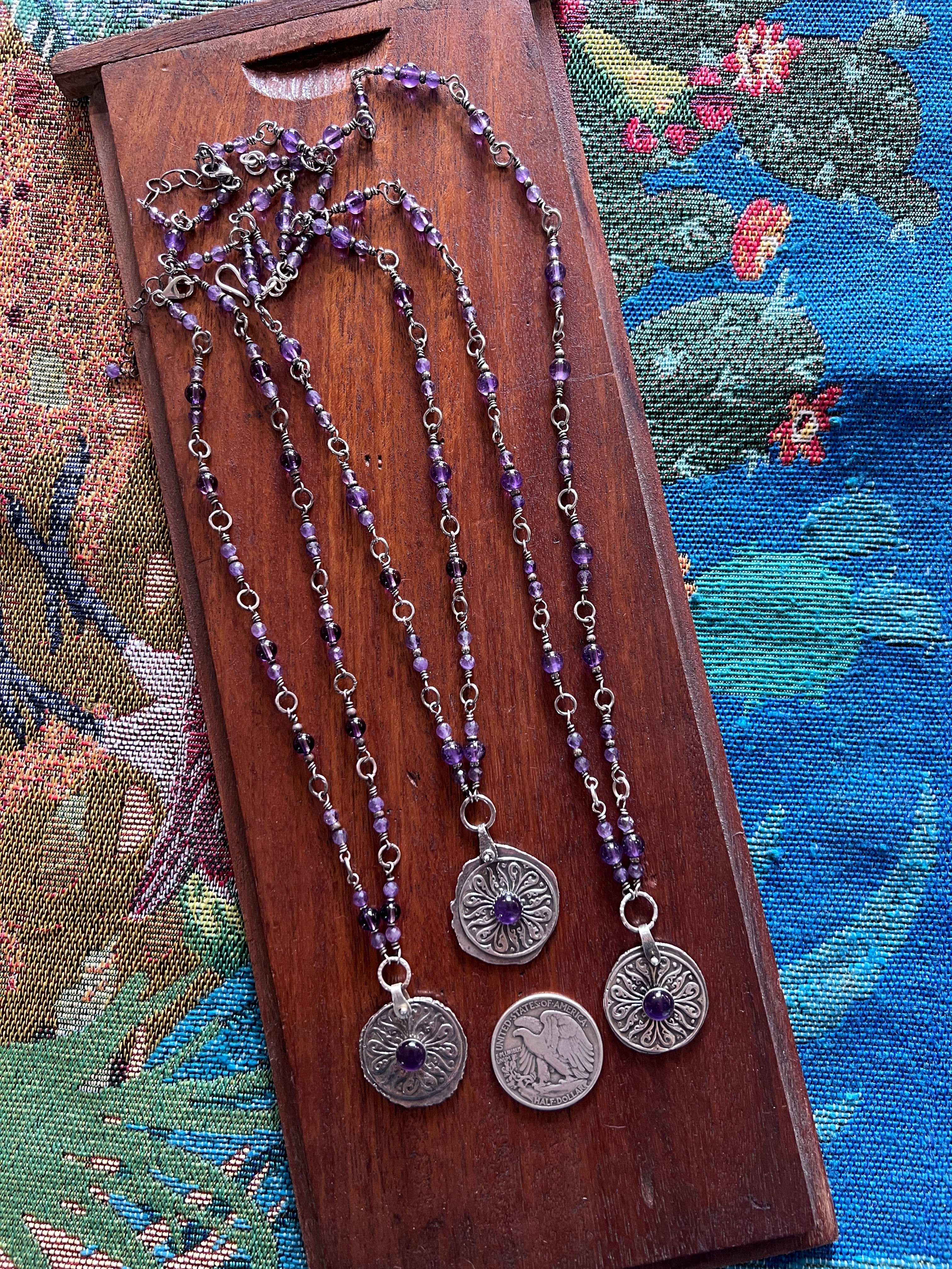 Tularosa Rosary Style Sterling Silver and Amethyst Relic Coin Necklace