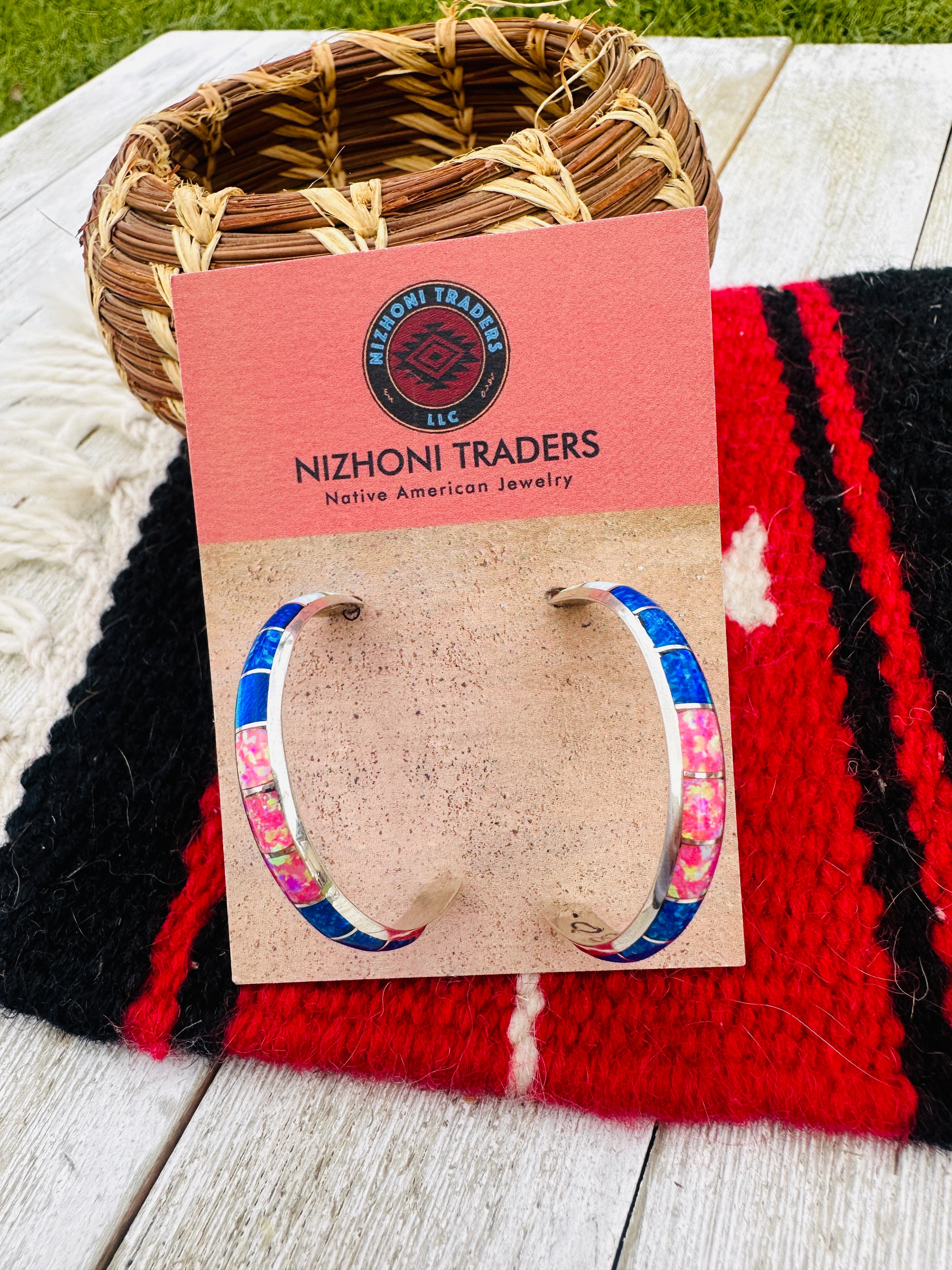 Handcrafted Old Pawn Sterling Silver & Multicolor Opal Inlay Hoop Earrings