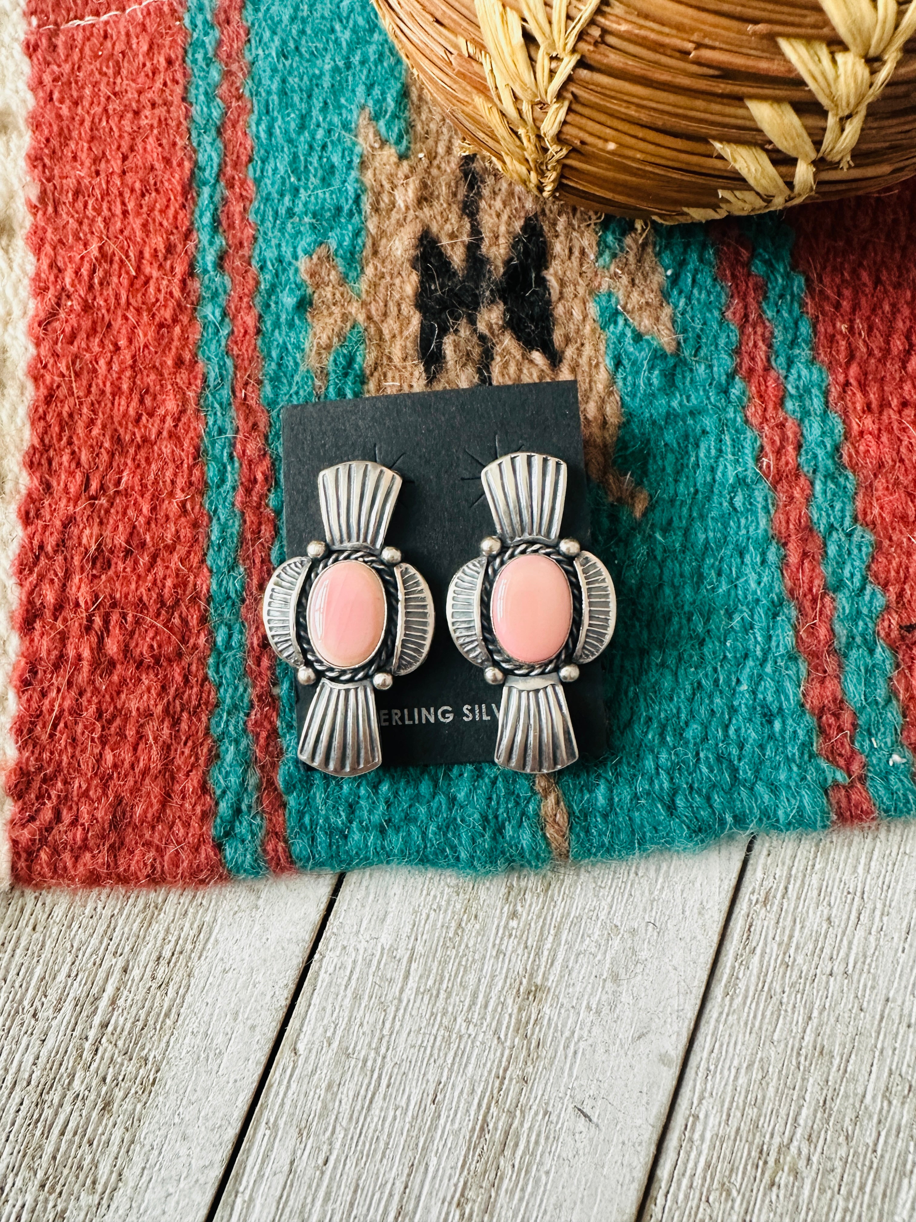 Navajo Sterling Silver & Queen Pink Conch Post Earrings