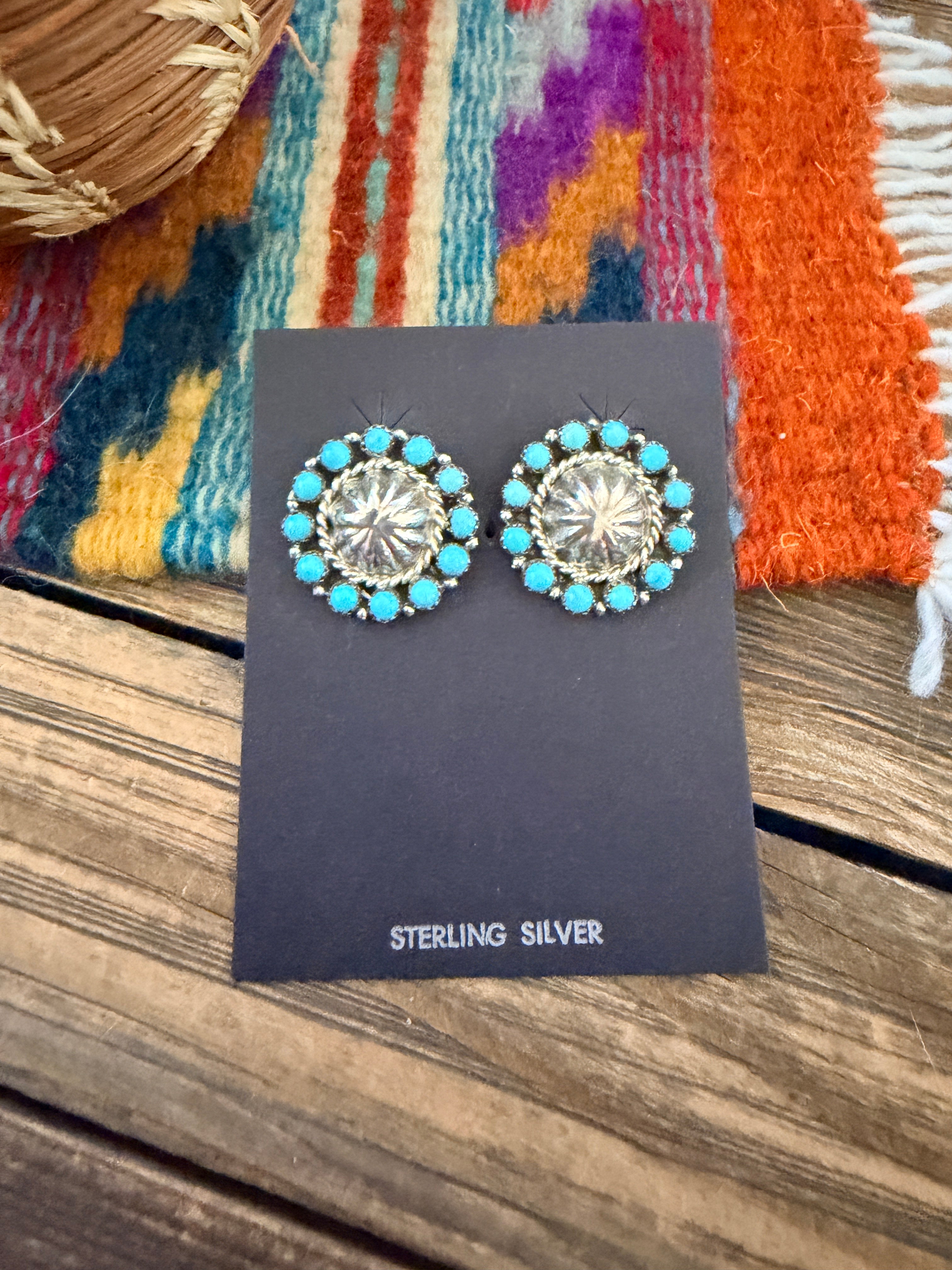 Handcrafted Old Pawn Sterling Silver & Turquoise Cluster Post Earrings