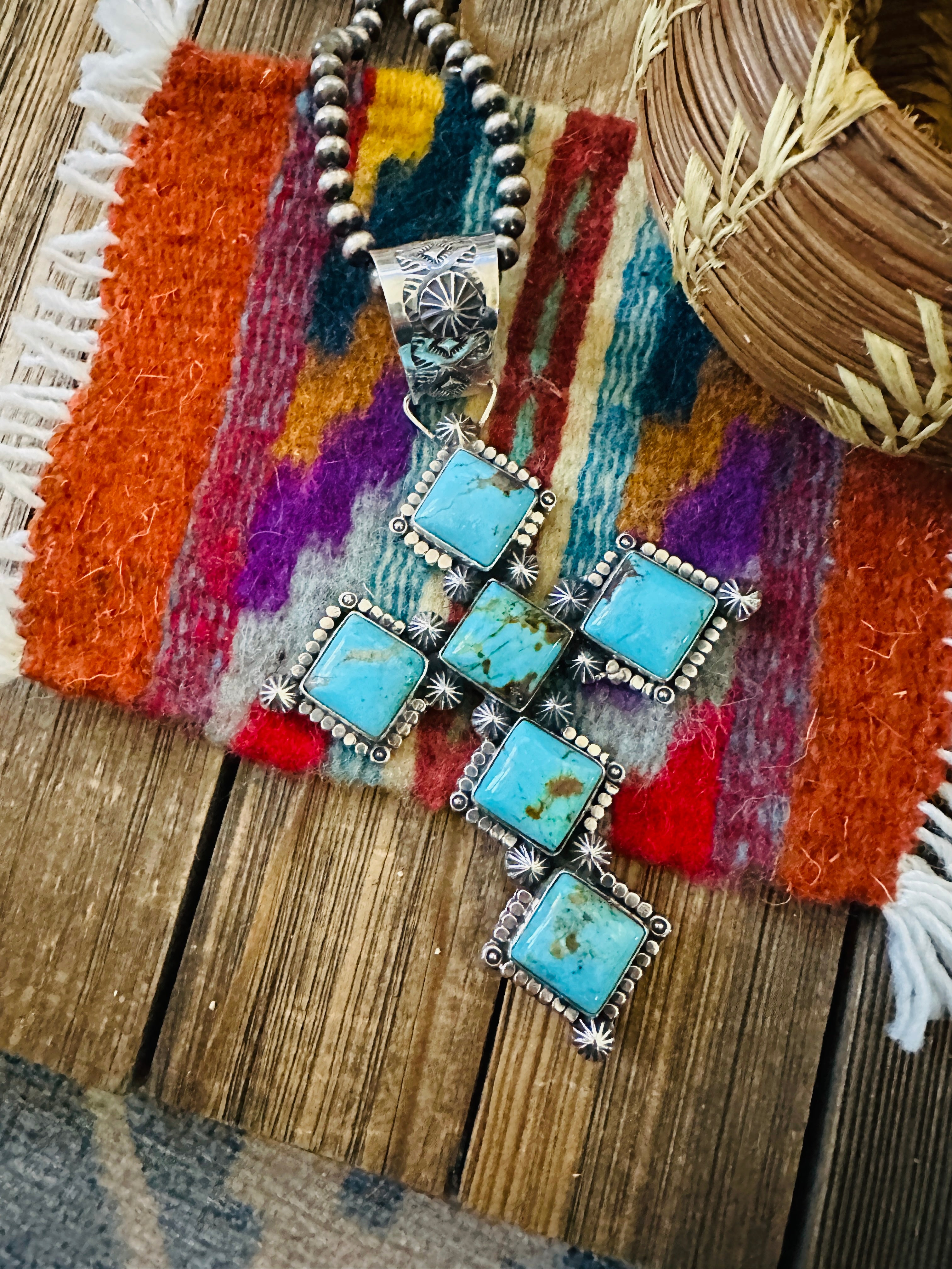 Handcrafted Sterling Silver & Kingman Turquoise Cross Pendant by Rosella Paxson