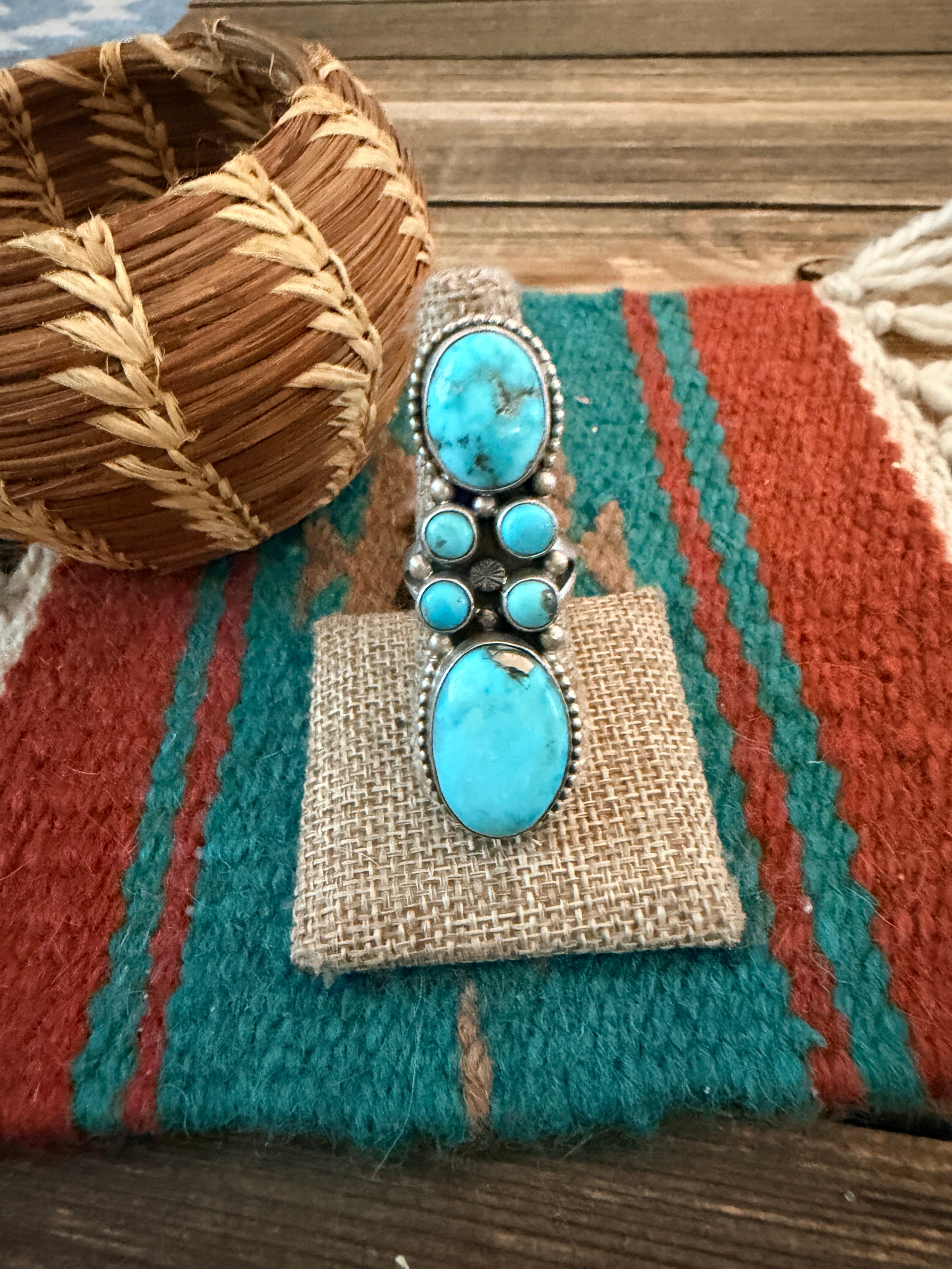 Handcrafted Kingman Turquoise & Sterling Silver Cluster Ring Size 8.5 by Sheila Becenti