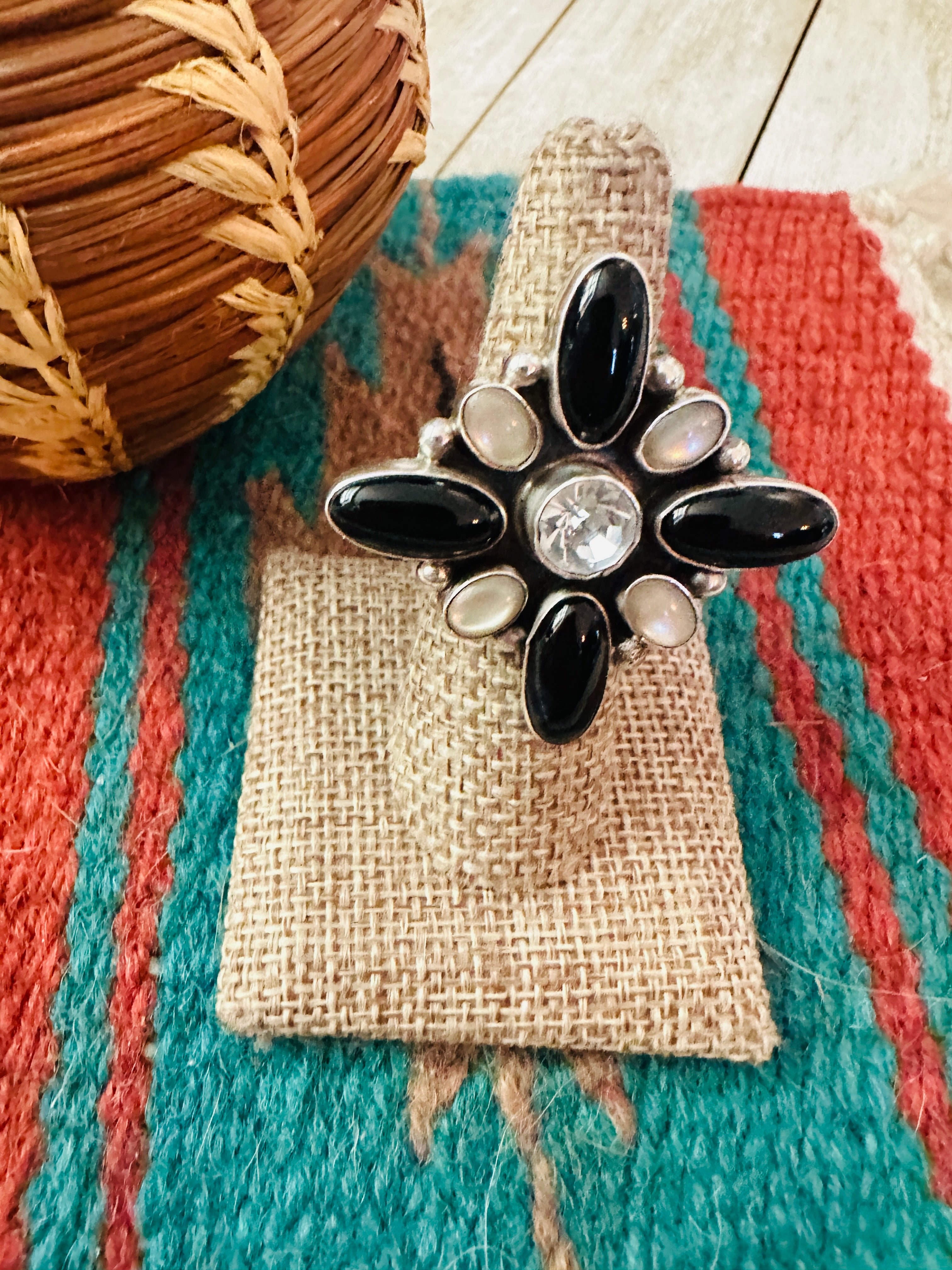 Handcrafted Onyx, Mother of Pearl, CZ & Sterling Silver Adjustable Ring by Jacqueline Silver