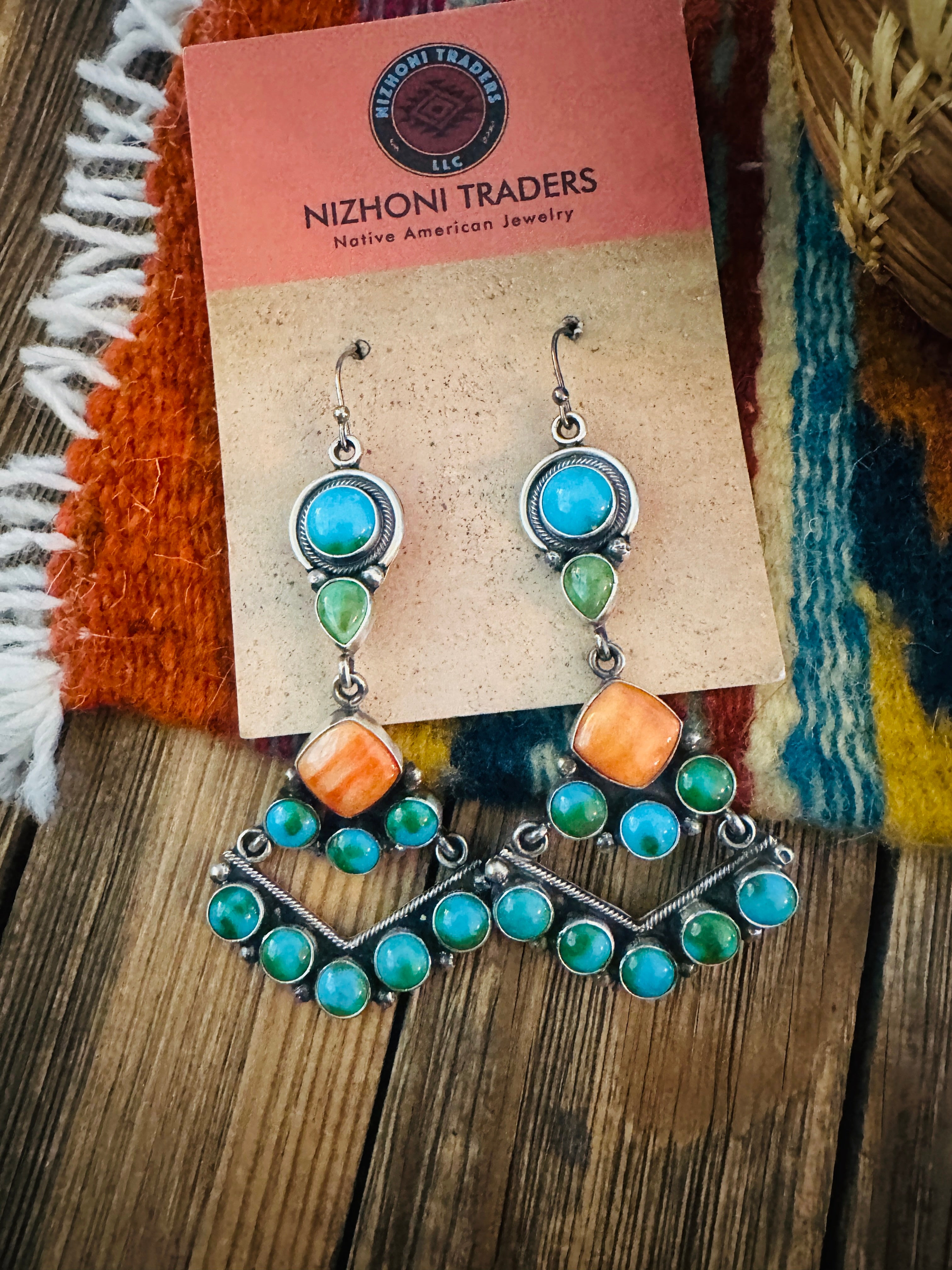 Handcrafted Turquoise, Spiny Oyster & Sterling Silver Chandelier Dangle Earrings