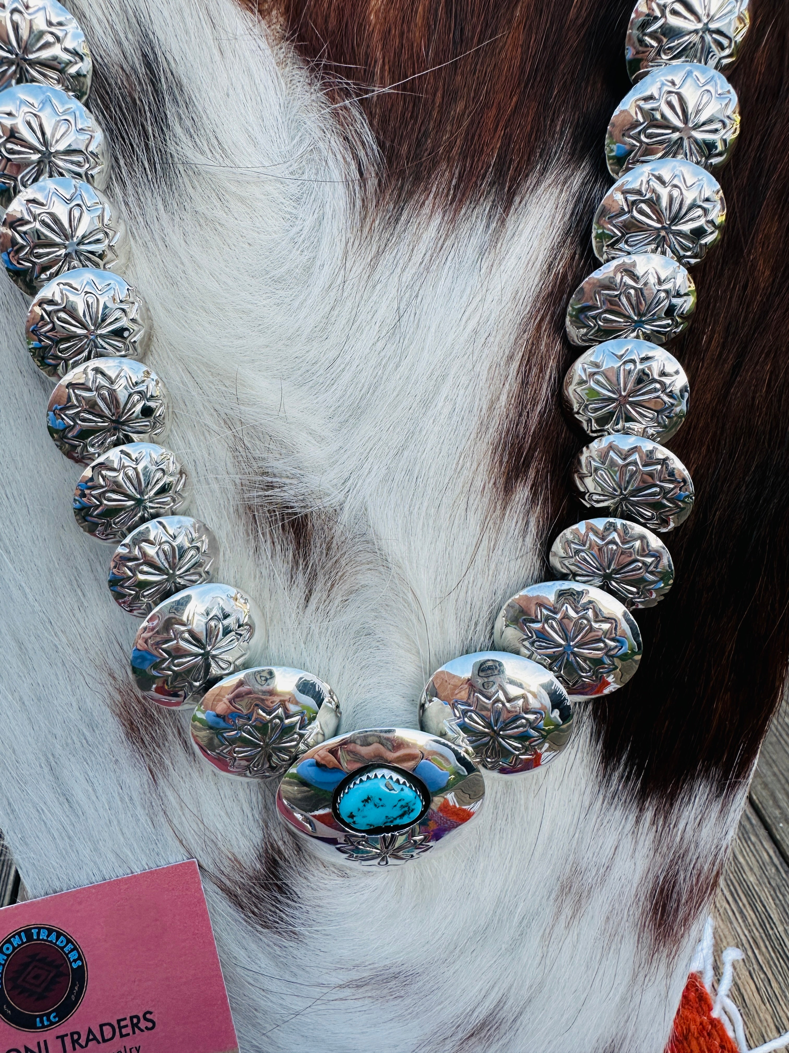 Handcrafted Turquoise & Sterling Silver Pillow Bead Necklace and Earring Set