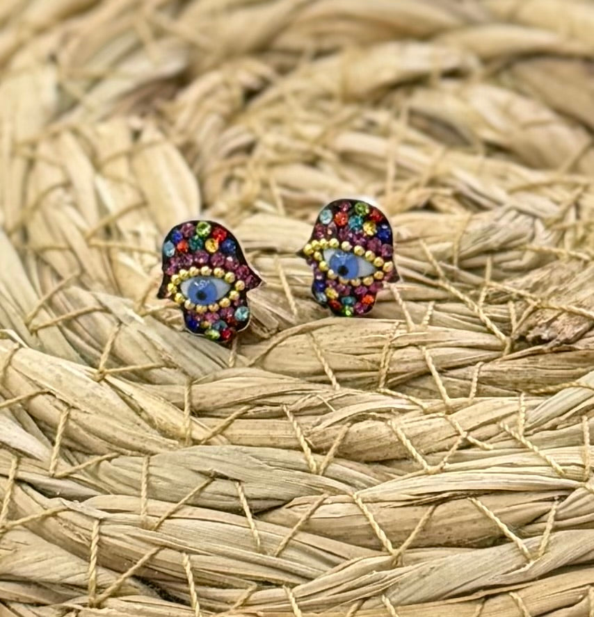 Hamsa Multi-Color Evil Eye Sterling Silver Stud Earrings