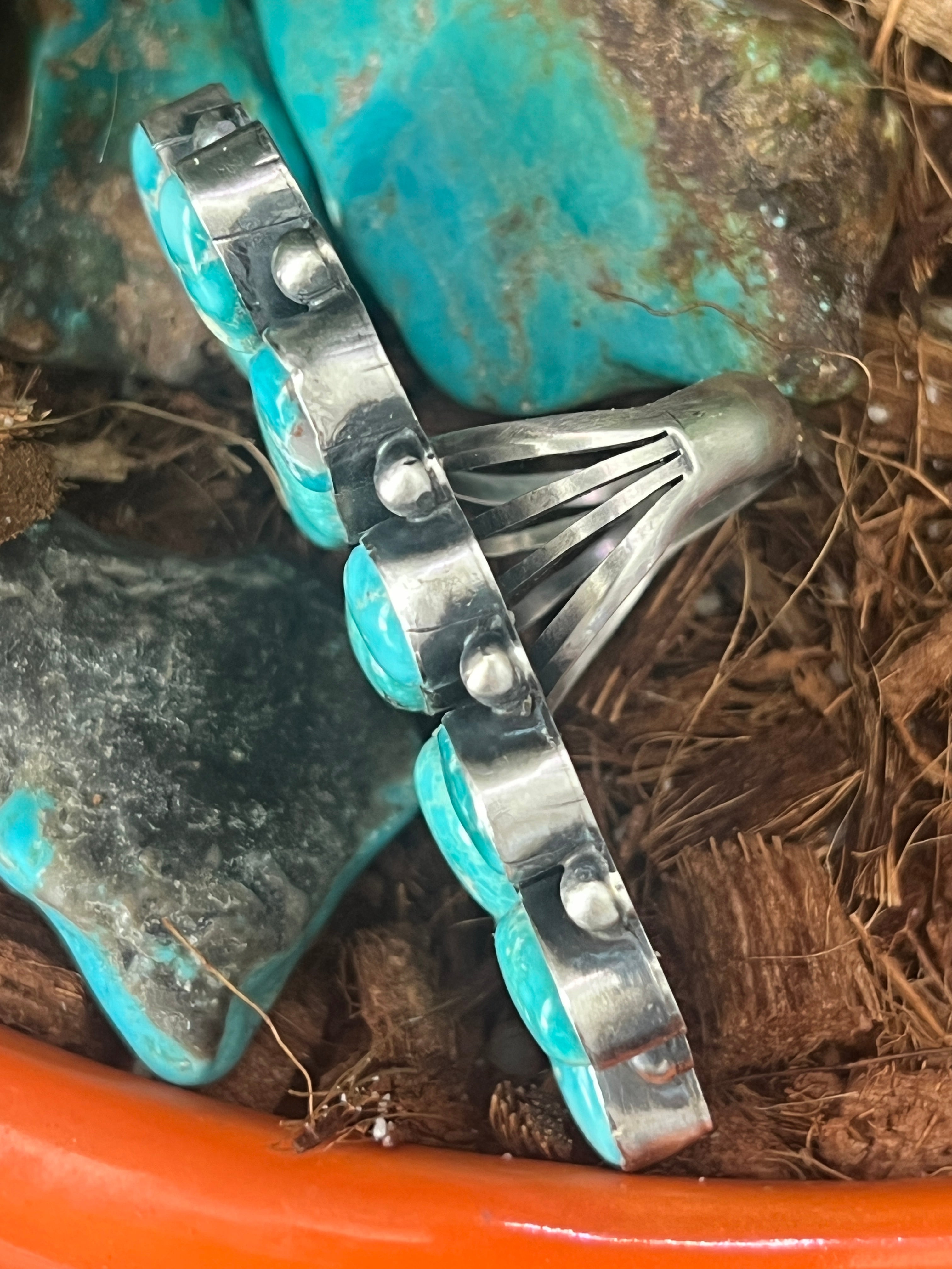 Handcrafted Paul Livingston Sterling Silver and Campitos Turquoise Cluster Ring, Size 7