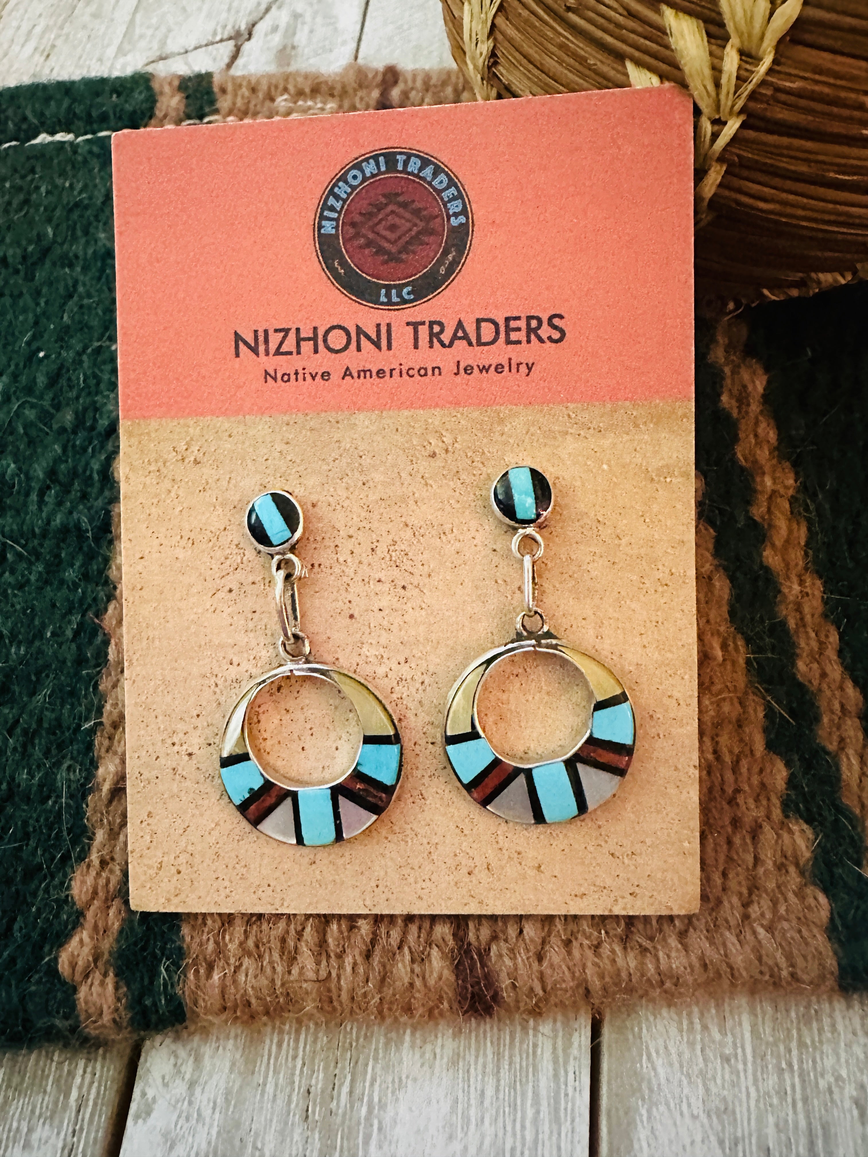 Old Pawn Handcrafted Multi Stone & Sterling Silver Inlay Earrings