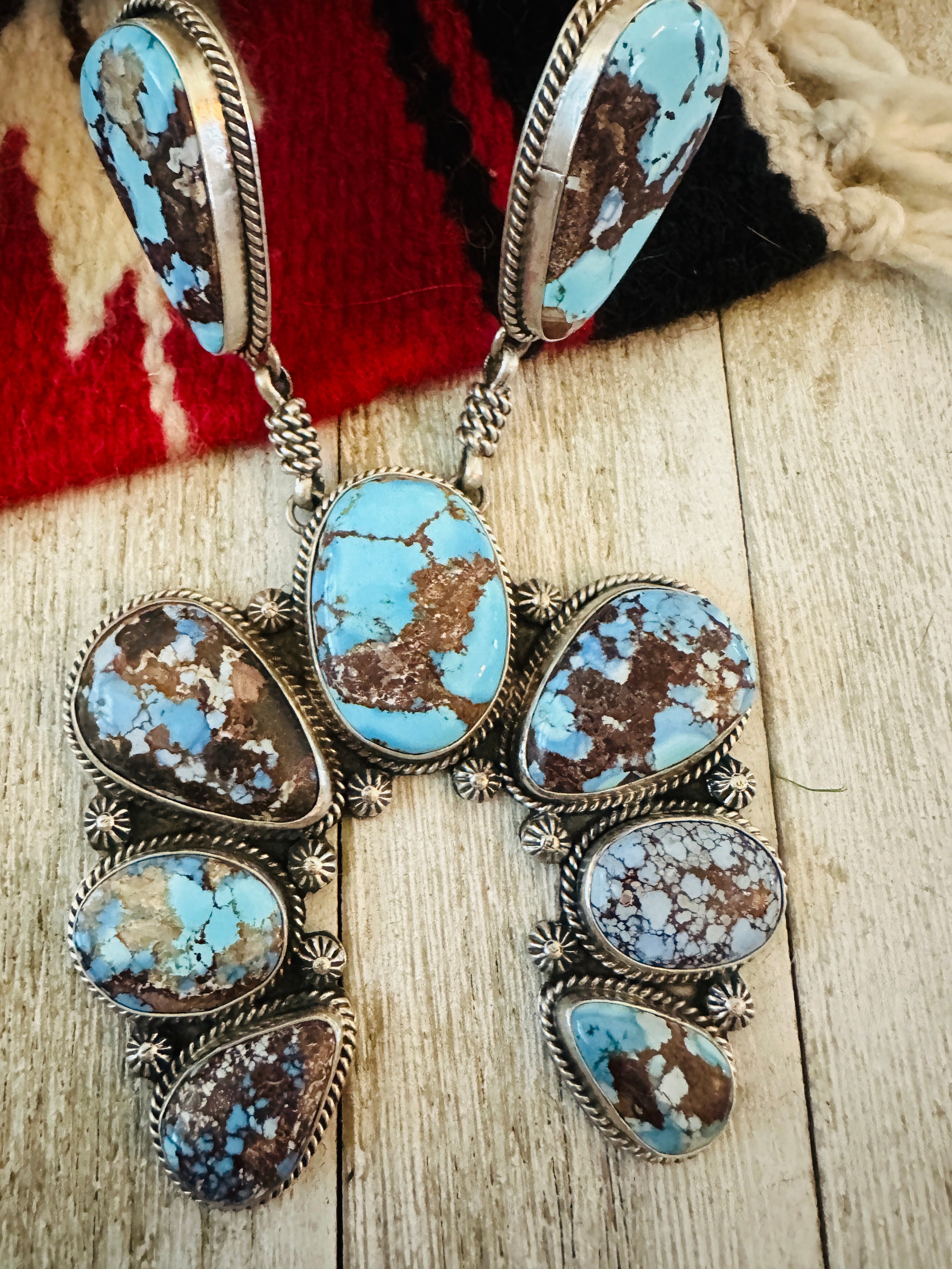 Handcrafted Golden Hills Turquoise & Sterling Silver Squash Blossom Necklace Set by Patrick Yazzie