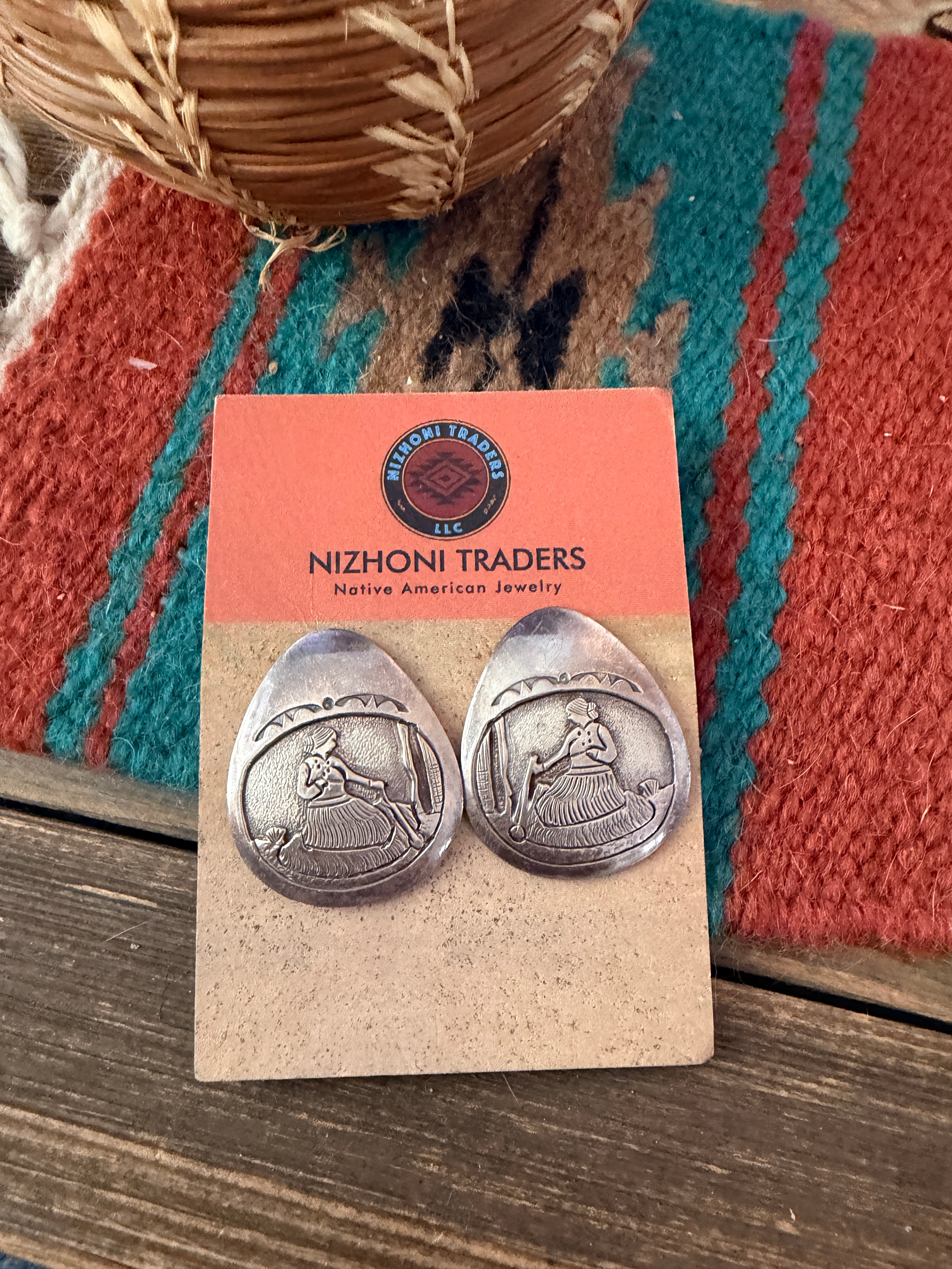 Old Pawn Handcrafted Sterling Silver Pottery Maiden Post Earrings