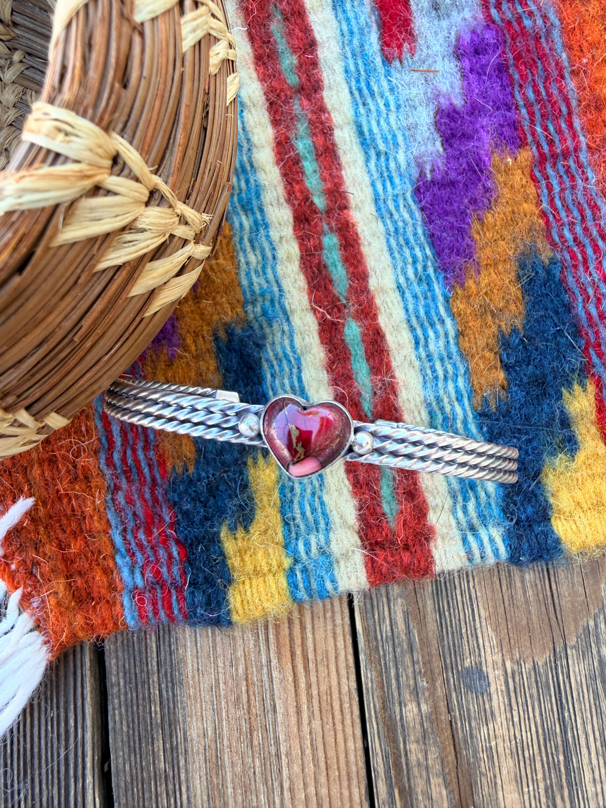 Handcrafted Rose Dahlia & Sterling Silver Heart Cuff Bracelet