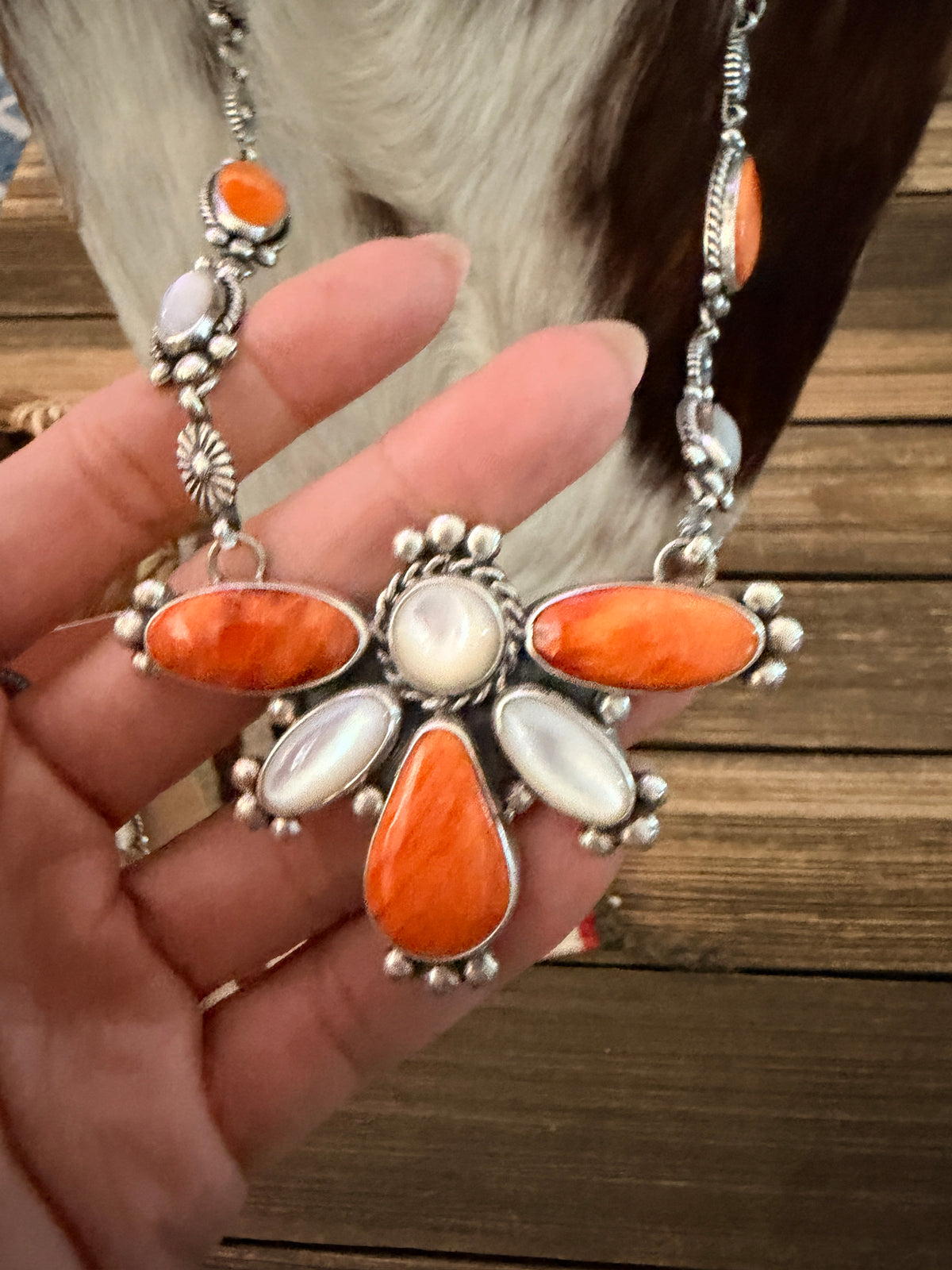 Handcrafted Spiny Oyster, Mother of Pearl & Sterling Silver Cluster Necklace and Earring Set by Fred Francis