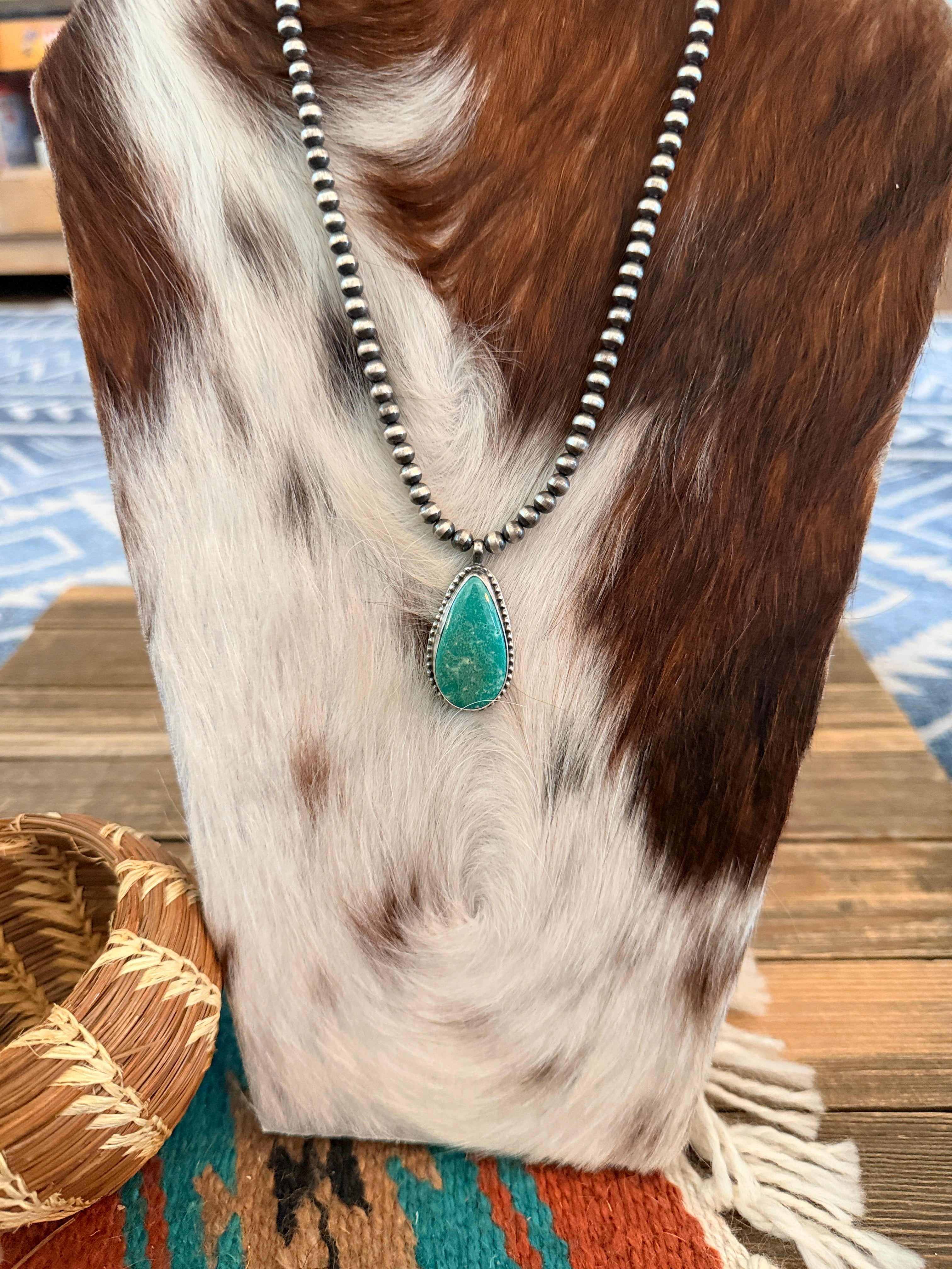 Handcrafted Turquoise & 5mm Sterling Silver Pearl 18” Beaded Necklace