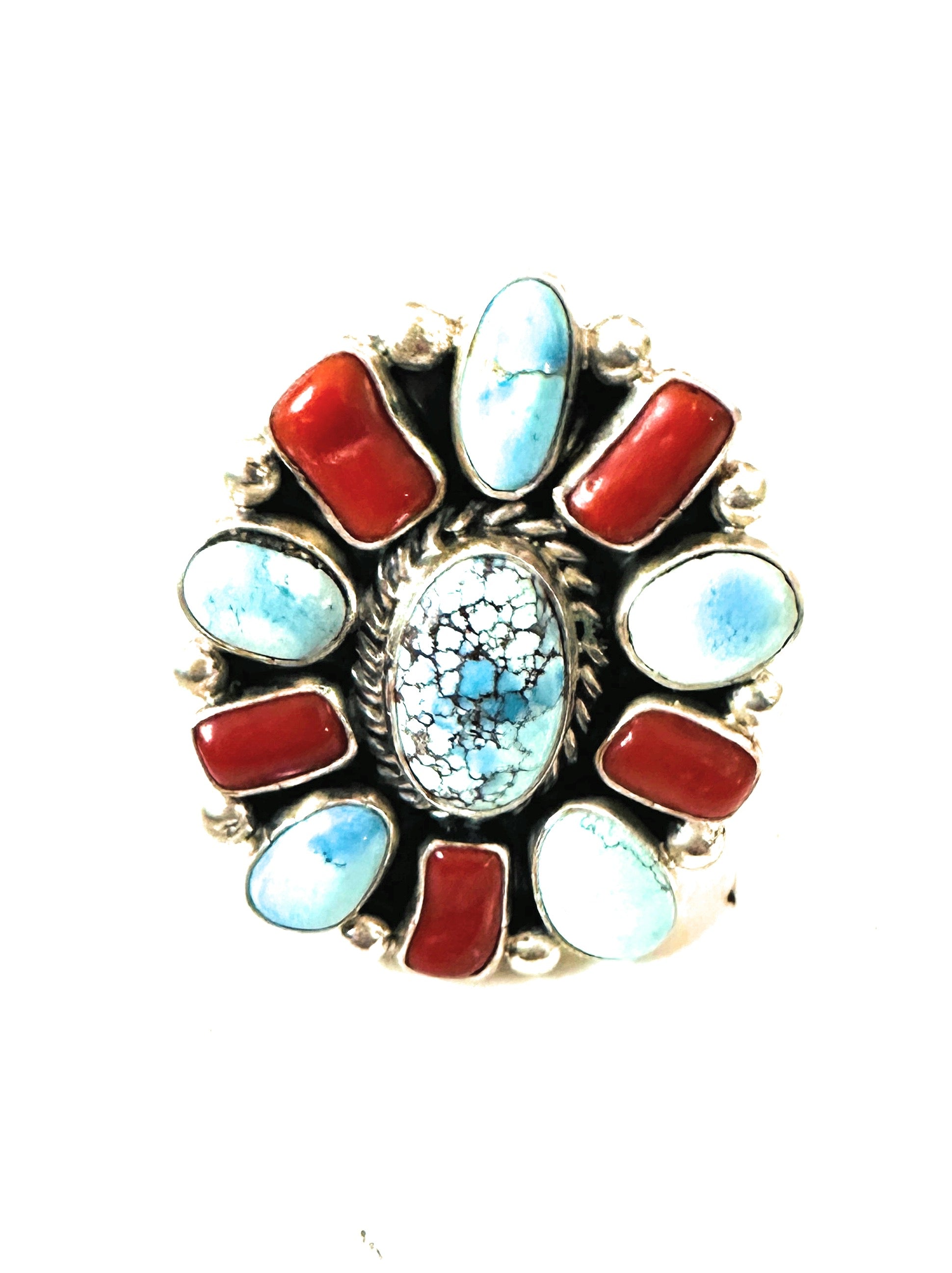Handcrafted Golden Hills Turquoise, Coral & Sterling Silver Cluster Adjustable Ring