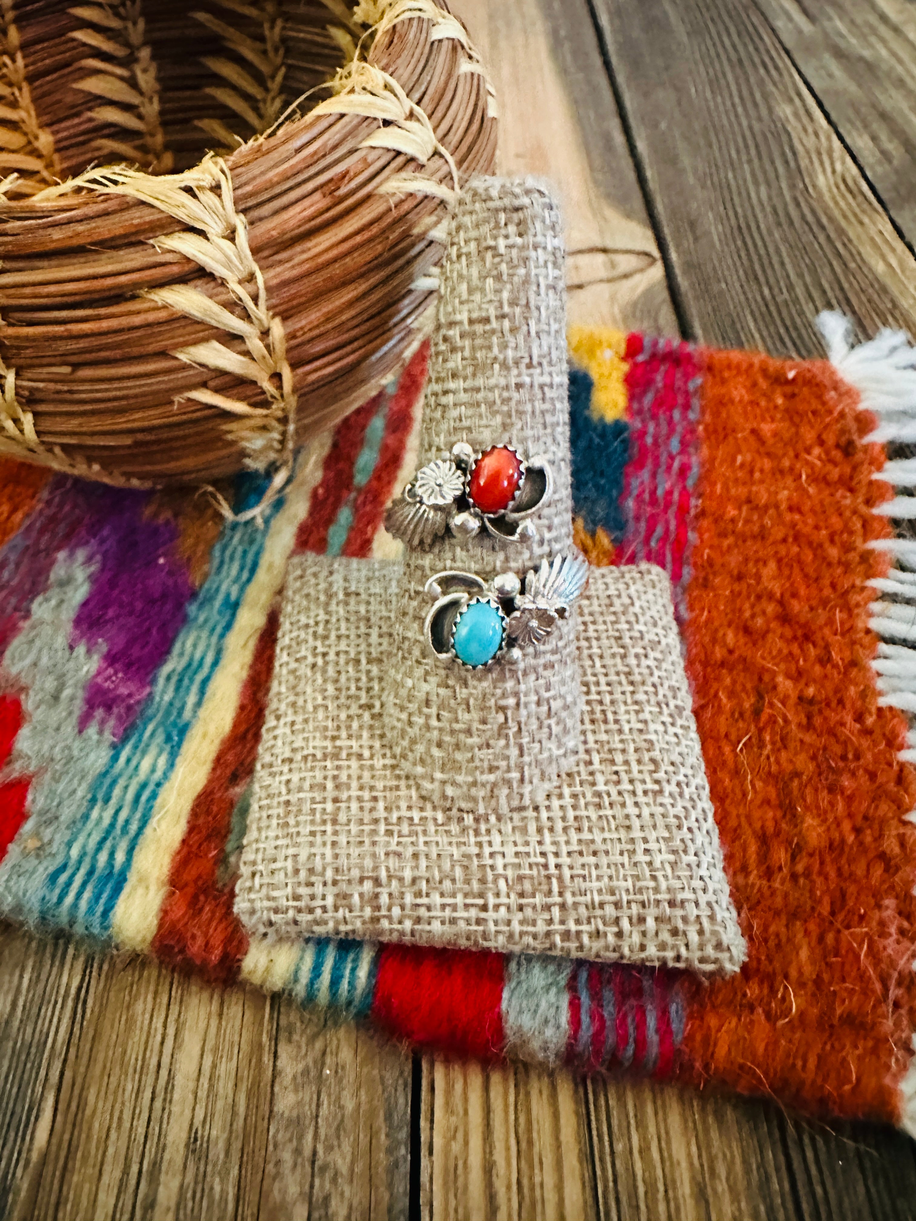 Handcrafted Turquoise, Coral & Sterling Silver Adjustable Flower Ring