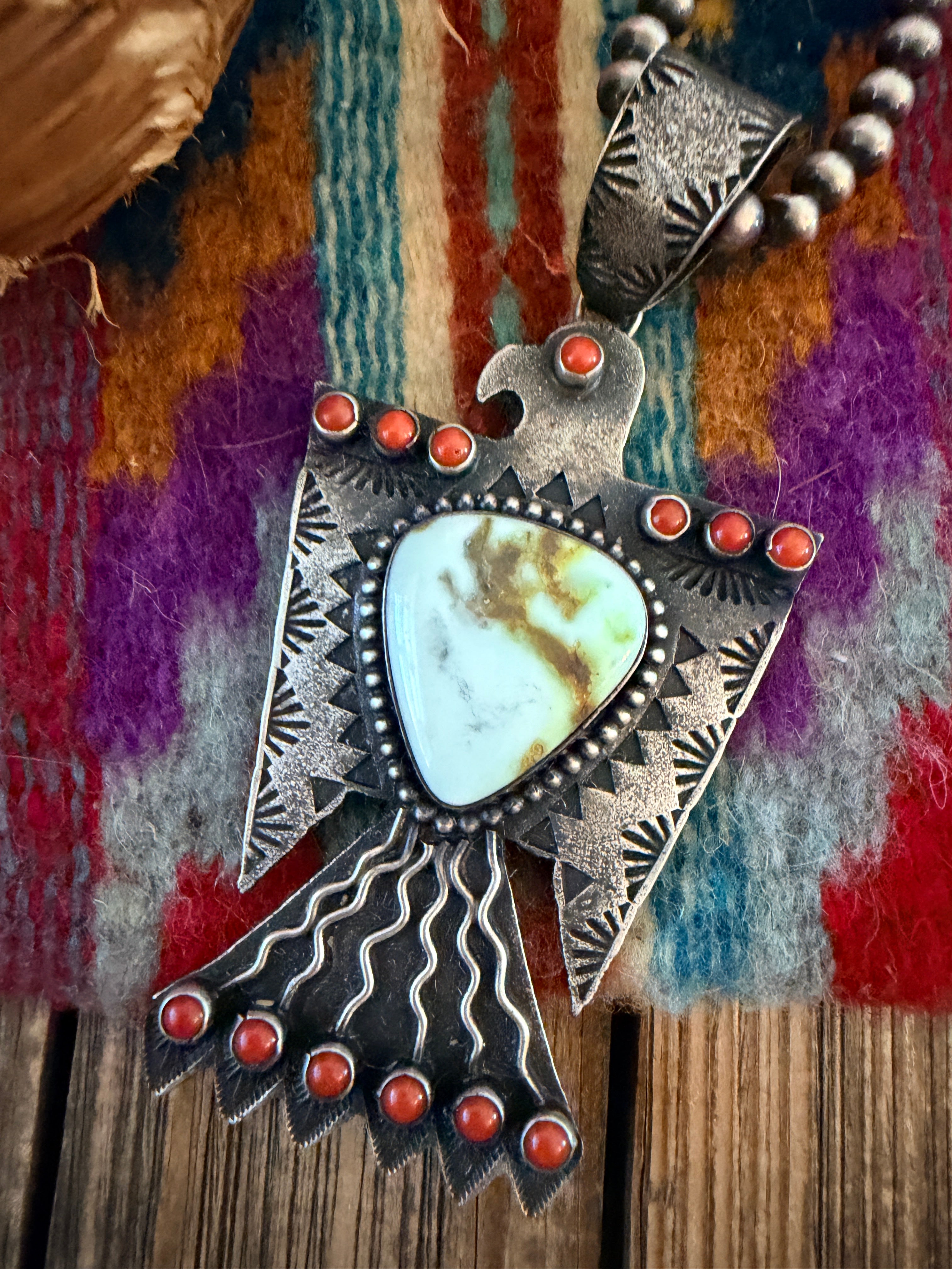 Handcrafted Sterling Silver, Turquoise & Coral Thunderbird Pendant by Shawn Cayatineto