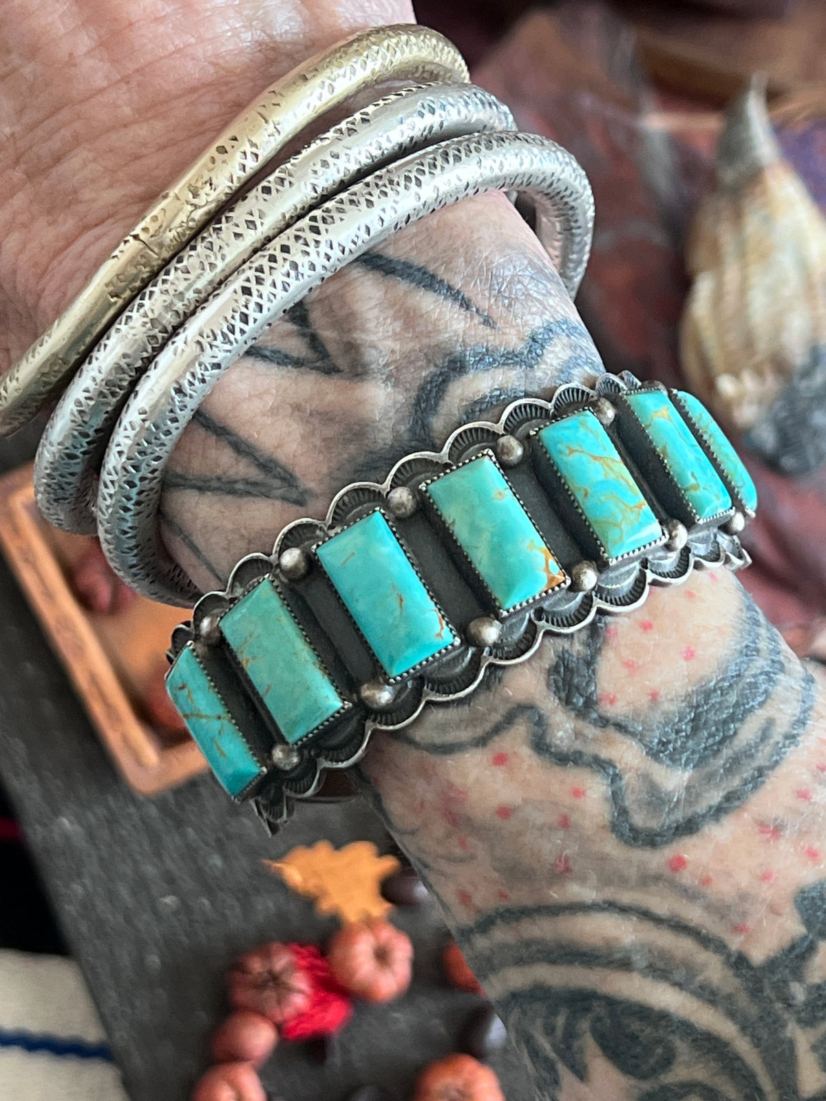 Estate Collection Vintage Sterling Silver and Kingman Turquoise Row Cuff by Tom Lewis