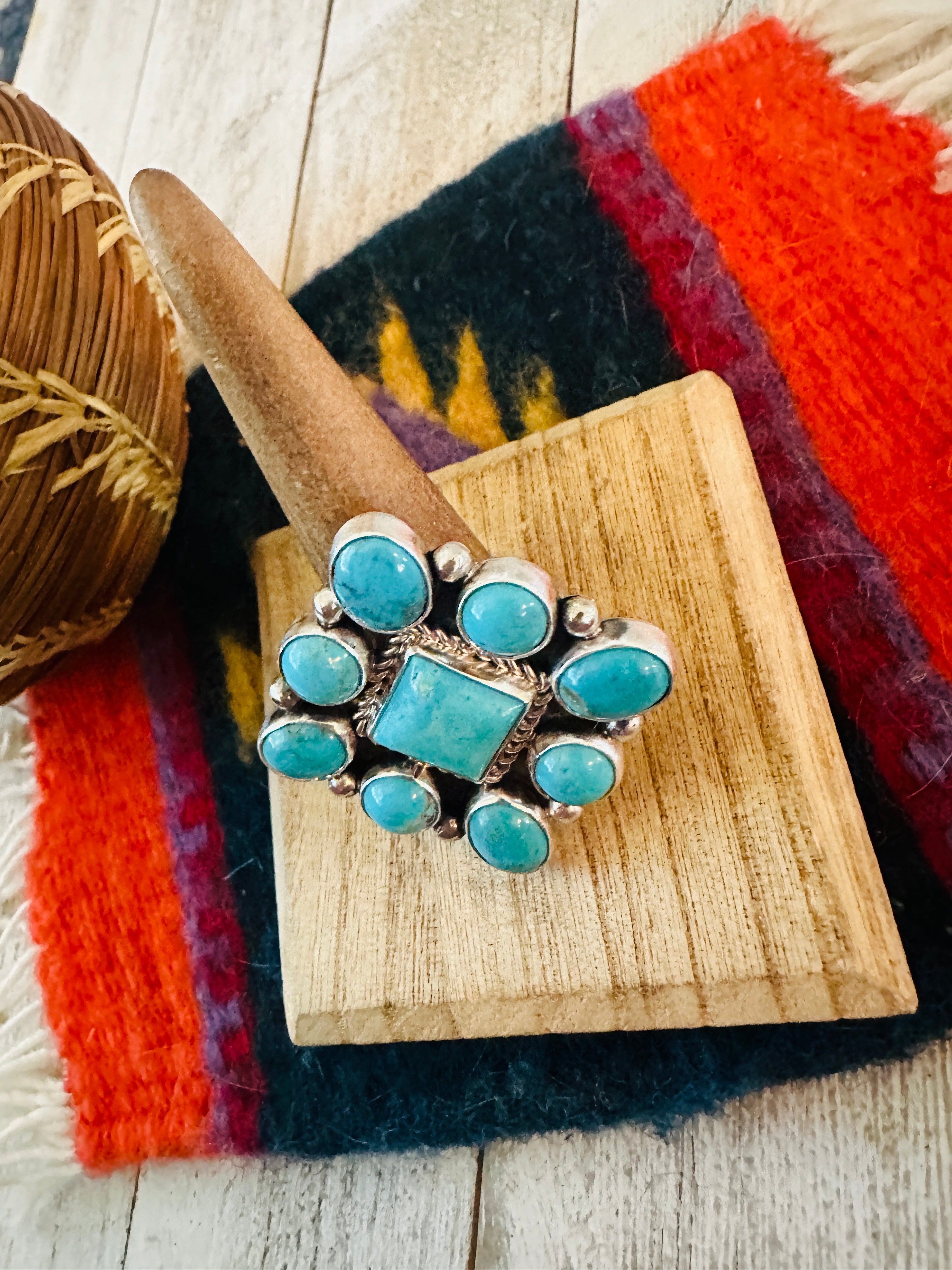 Handcrafted Sterling Silver & Turquoise Cluster Adjustable Ring