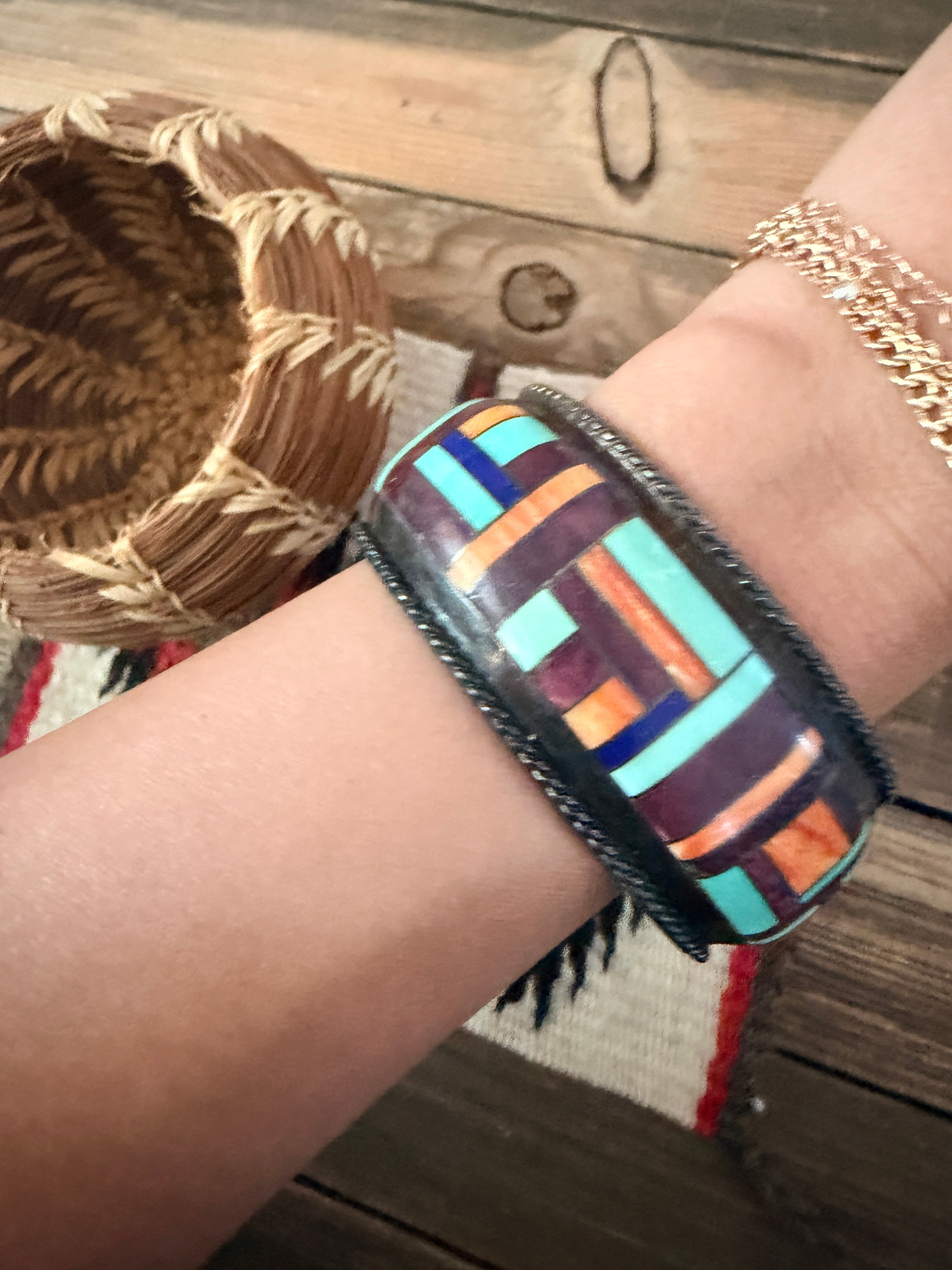 Handcrafted Old Pawn Sterling Silver & Multi Stone Inlay Cuff Bracelet